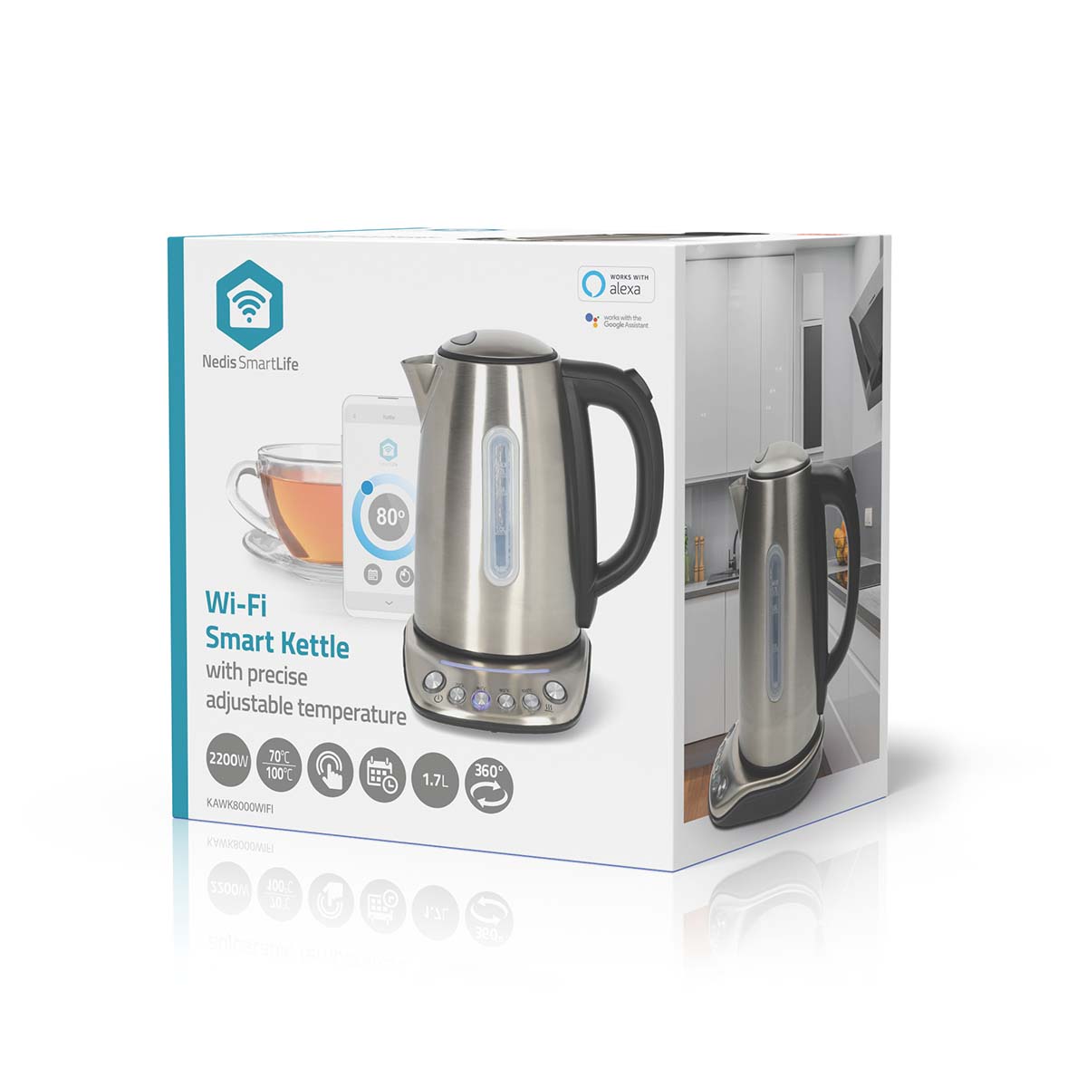 SmartLife Wasserkocher | Wi-Fi | 1.7 l | Edelstahl | 70,80,90,100 °C | Temperaturanzeige | Um 360 Grad drehbar | Verdecktes Heizelement | Strix Controller | Android? / IOS
