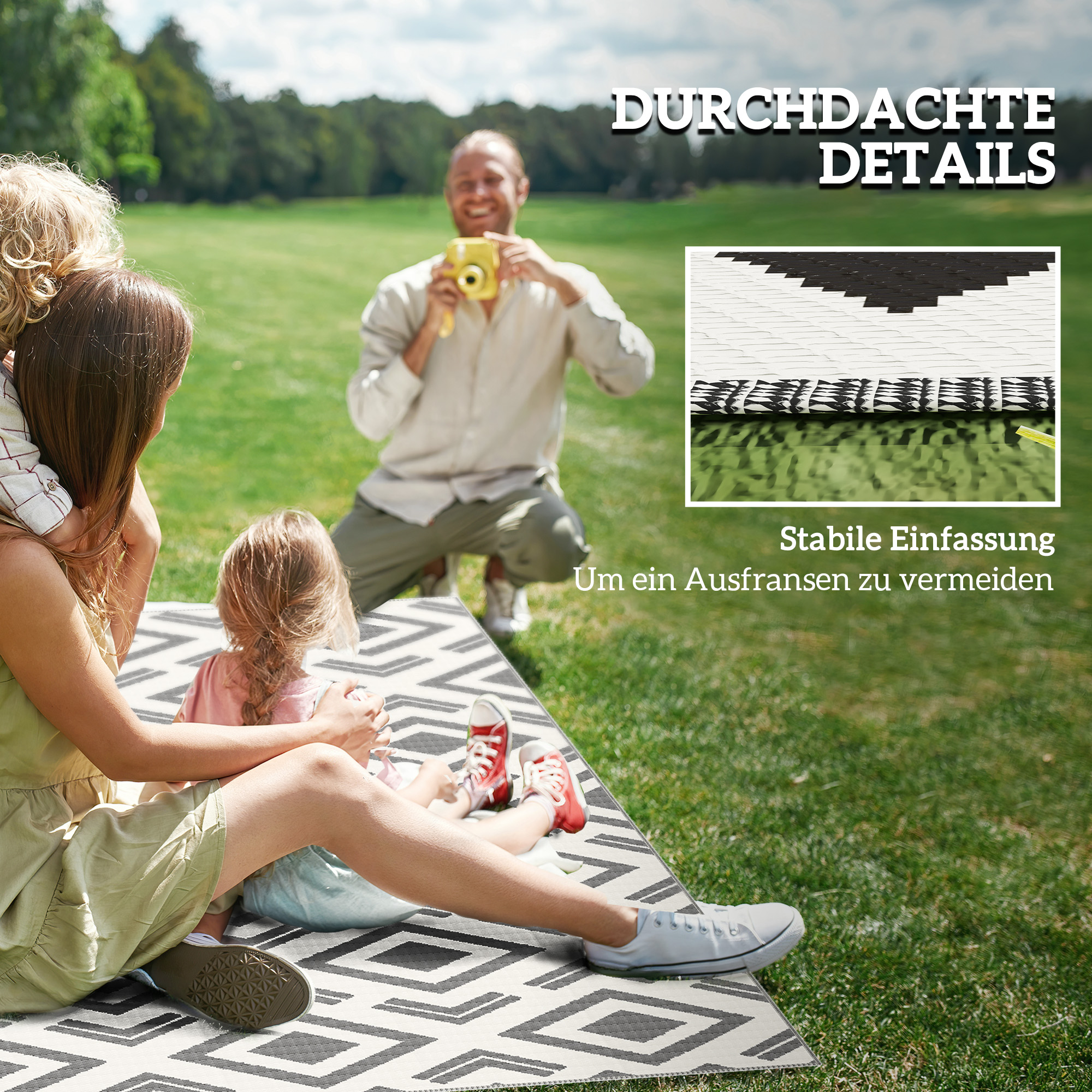 Outdoor Teppich robuster Wetterfest Outdoorteppich mit Tragtasche, faltbar Carpet Boho-Style 182 x 274 cm Schwarz+Weiß