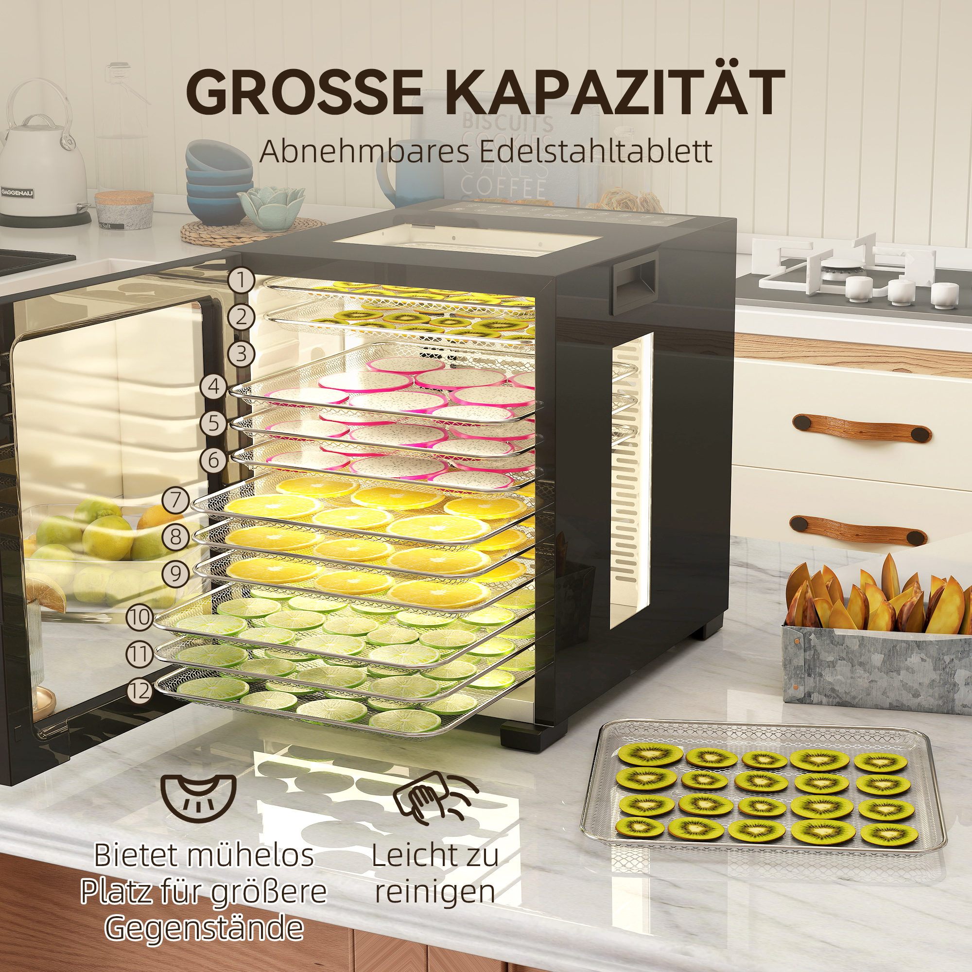 Dörrautomat Dörrgerät, 850 W, 40-70°C Temperaturregler, 48 Std, Timer, 12 Einlegefächer Edelstahl Schwarz