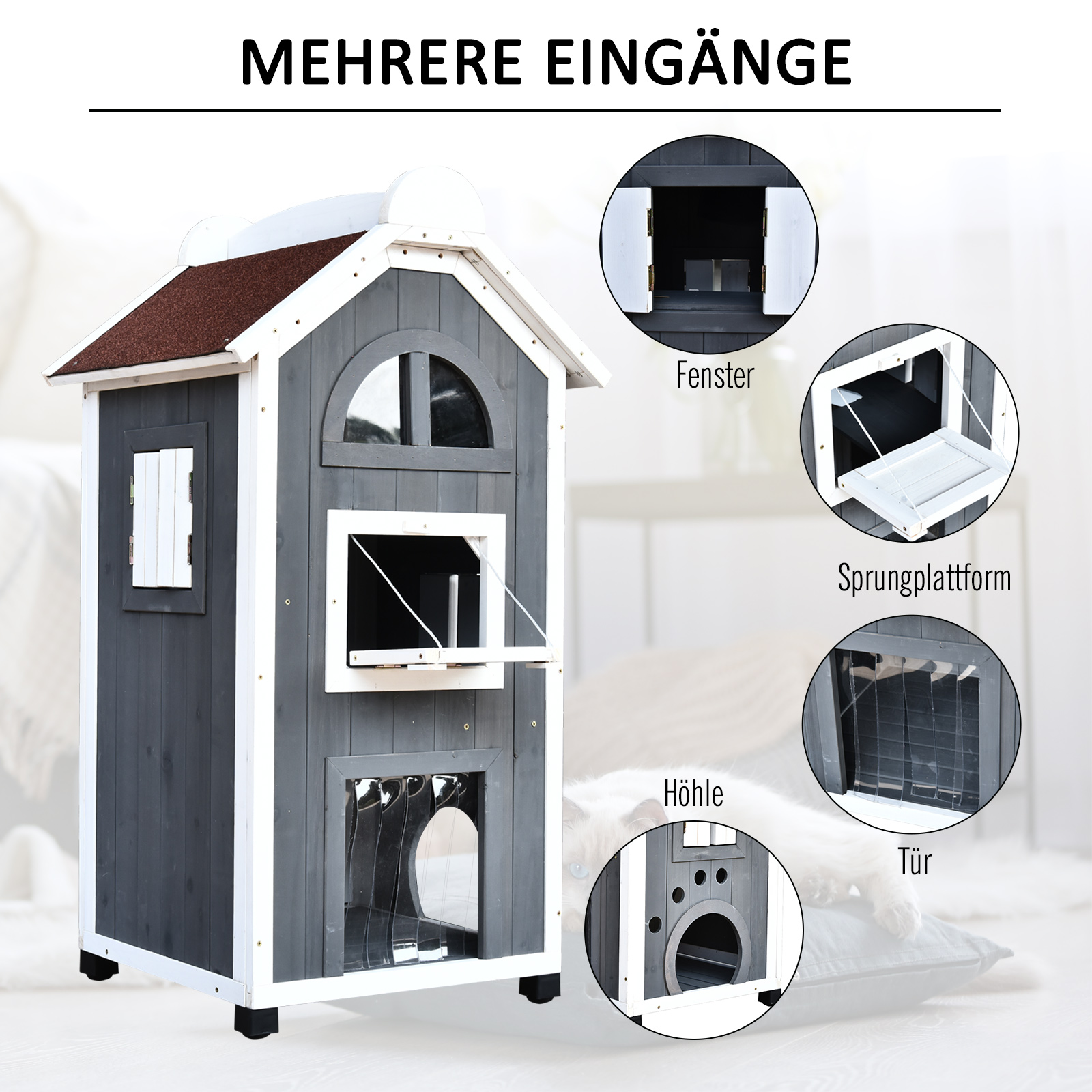 Katzenhaus für Katzenbett oder Katzentoilette, Katzenschrank, Katzenklo Indoor, Tannenholz, Asphaltdach, Grau, 59 x 55 x 109 cm