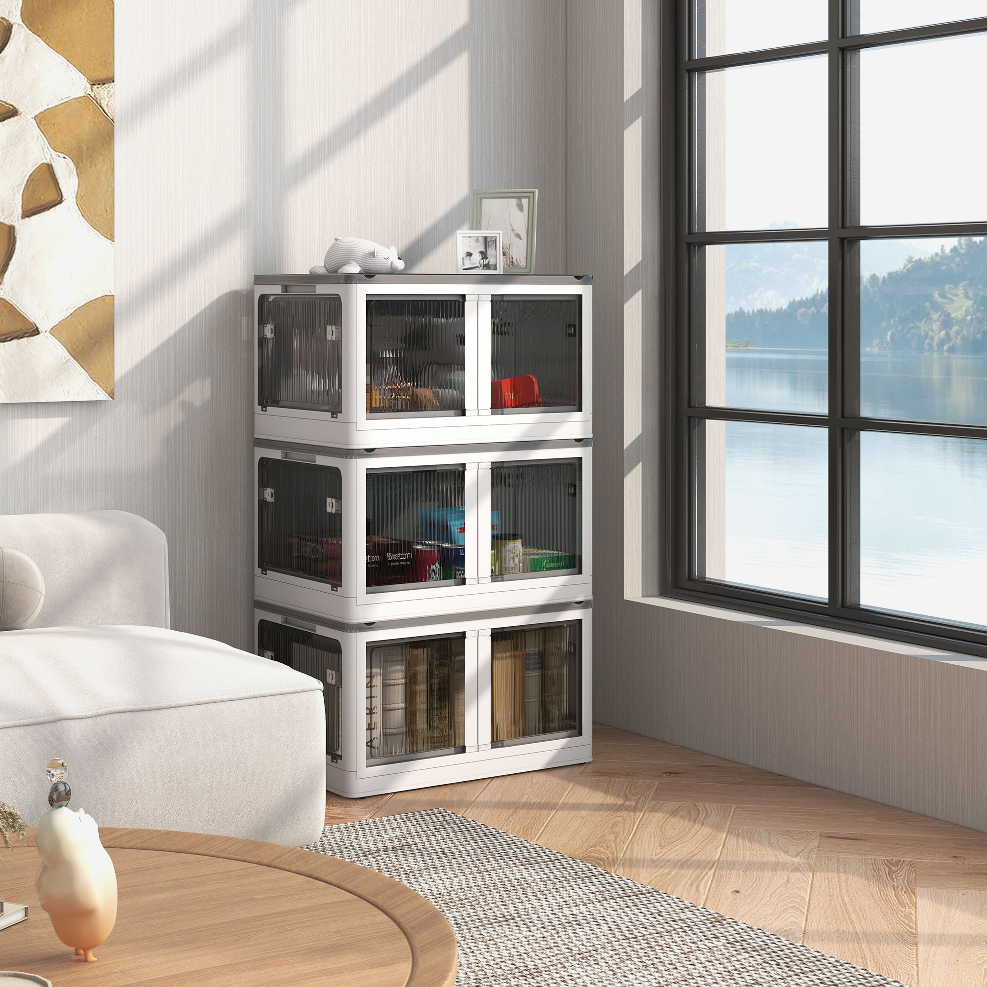 Aufbewahrungsbox, 3er-Set, klappbar, mit Rollen, 60 x 42 x 34 cm, Weiß