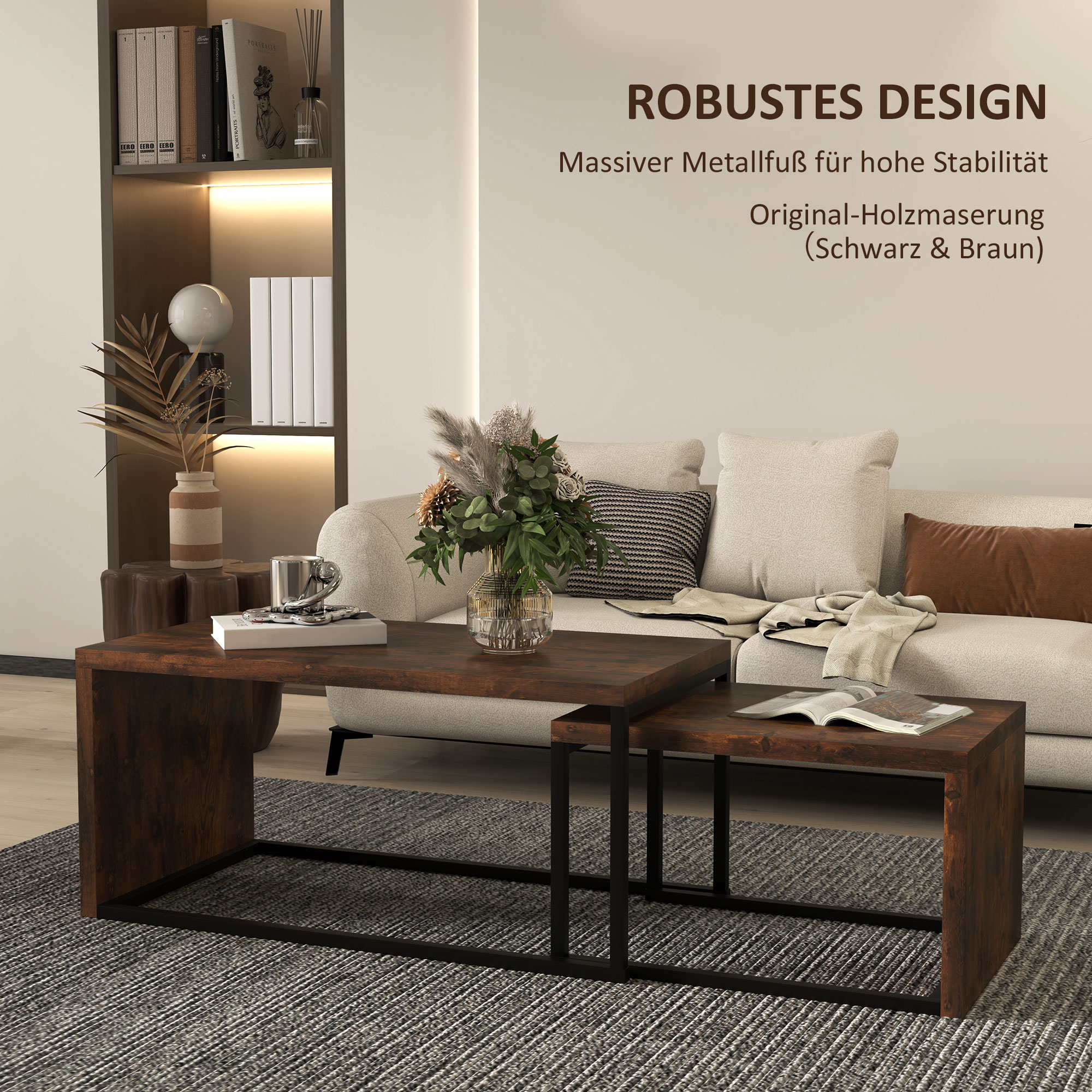 2er-Set Couchtisch, Sofatisch, Beistelltisch, MDF, Metall, 90 x 48 x 42 cm/59 x 42 x 36 cm, Schwarz+Braun