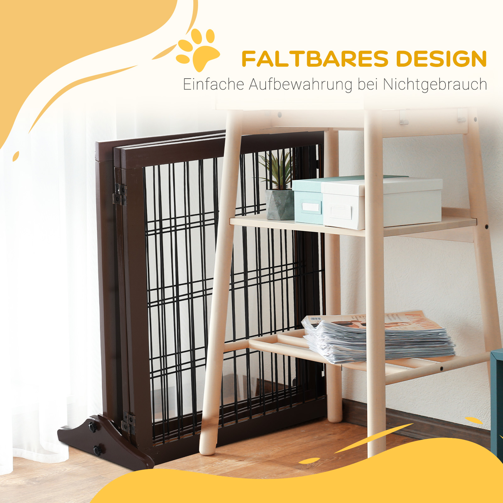 Absperrgitter Hund Freistehendes Schutzgitter mit Füßen 185 x 71 cm Holz Hundegitter Treppenschutzgitter Treppengitter Hundeabsperrgitter für Treppen, Türen, Küche, Flur, 3 Paneelen, Braun