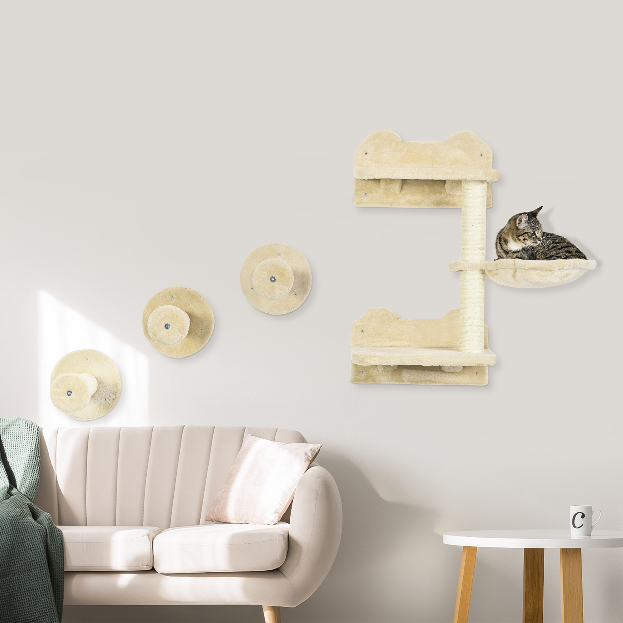 Kletterstufen, Kletterwand, Katzentreppe, 4-tlg, Set, mit Kratzbaum, Hängematte, beige+cremeweiß, 40 x 28 x 73cm