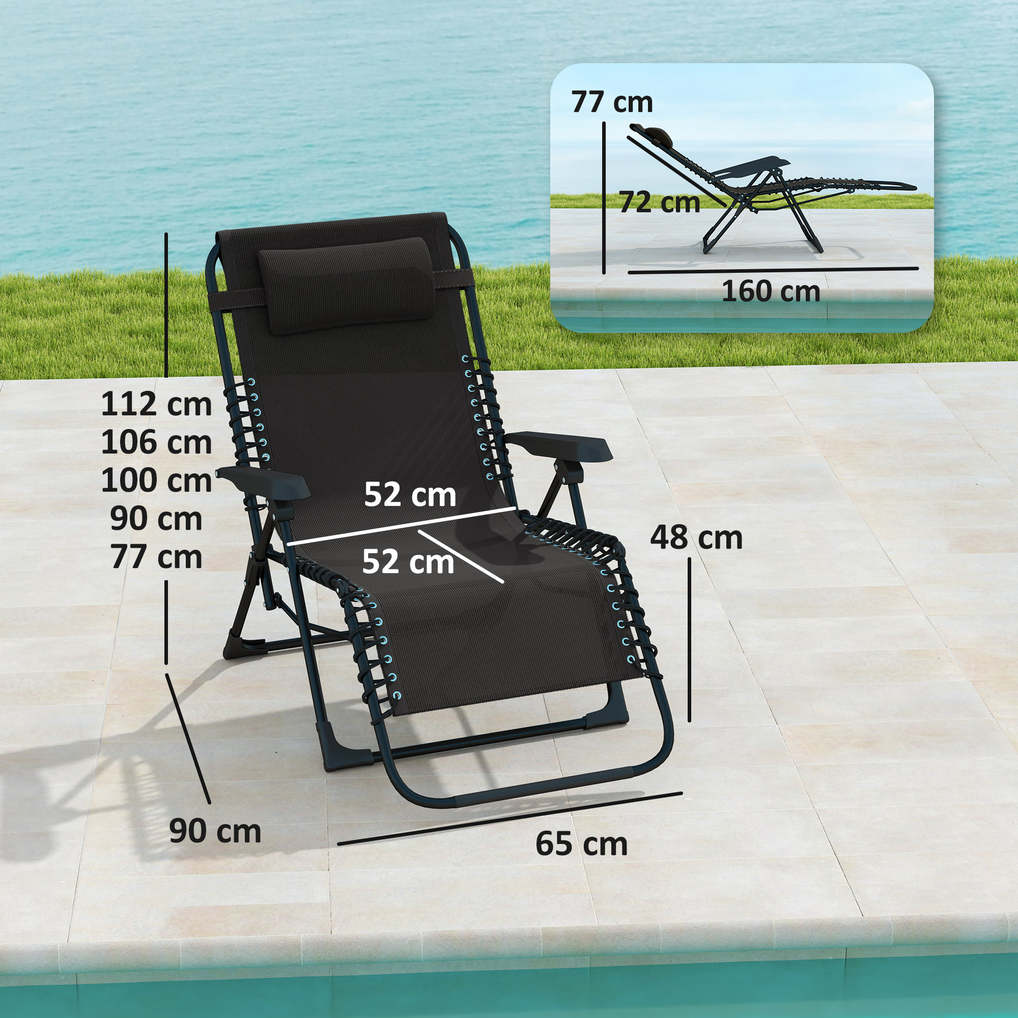 Sonnenliege klappbar Gartenliege mit Kopfkissen, 5-Fach verstellbare Rückenlehne bis 120 kg belastbar Schwarz