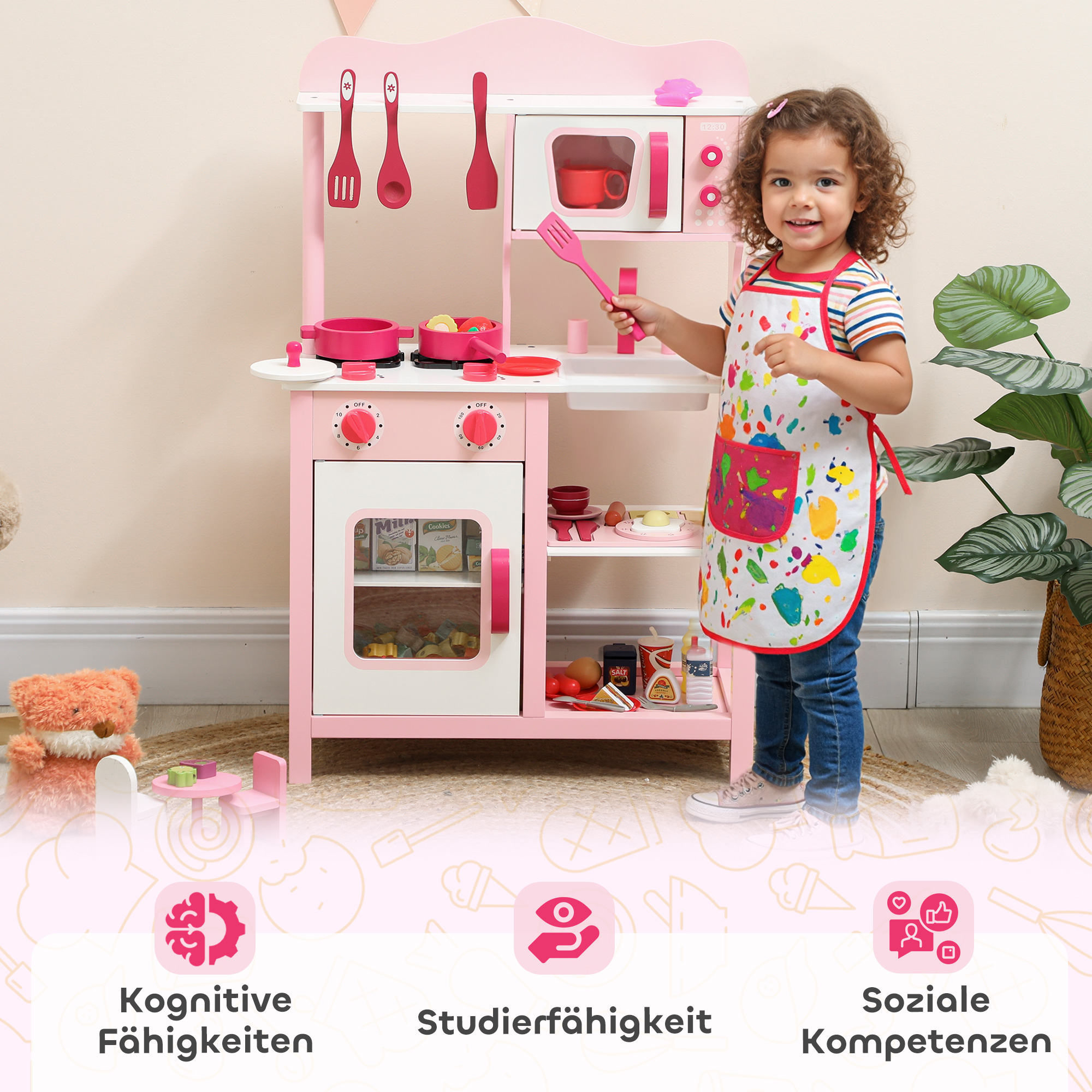 Kinderküche zum Spielen, Zubehör aus Holz, Küchengeräte, kompakt, Geräusche, Rosa