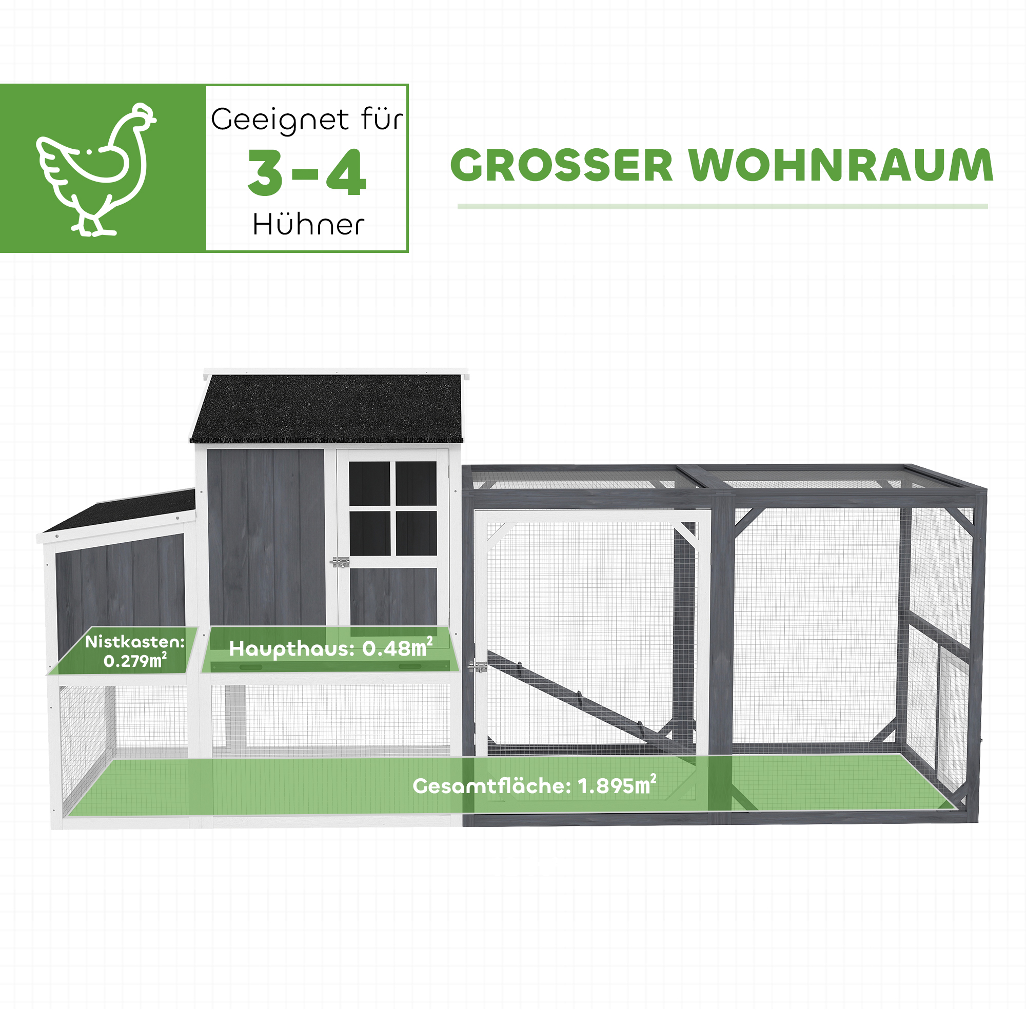 Hühnerstall mit Auslauf für 3-4 Hühner, 3-tlg, Nistkasten, 1,9 m² Fläche, Tannenholz, Grau
