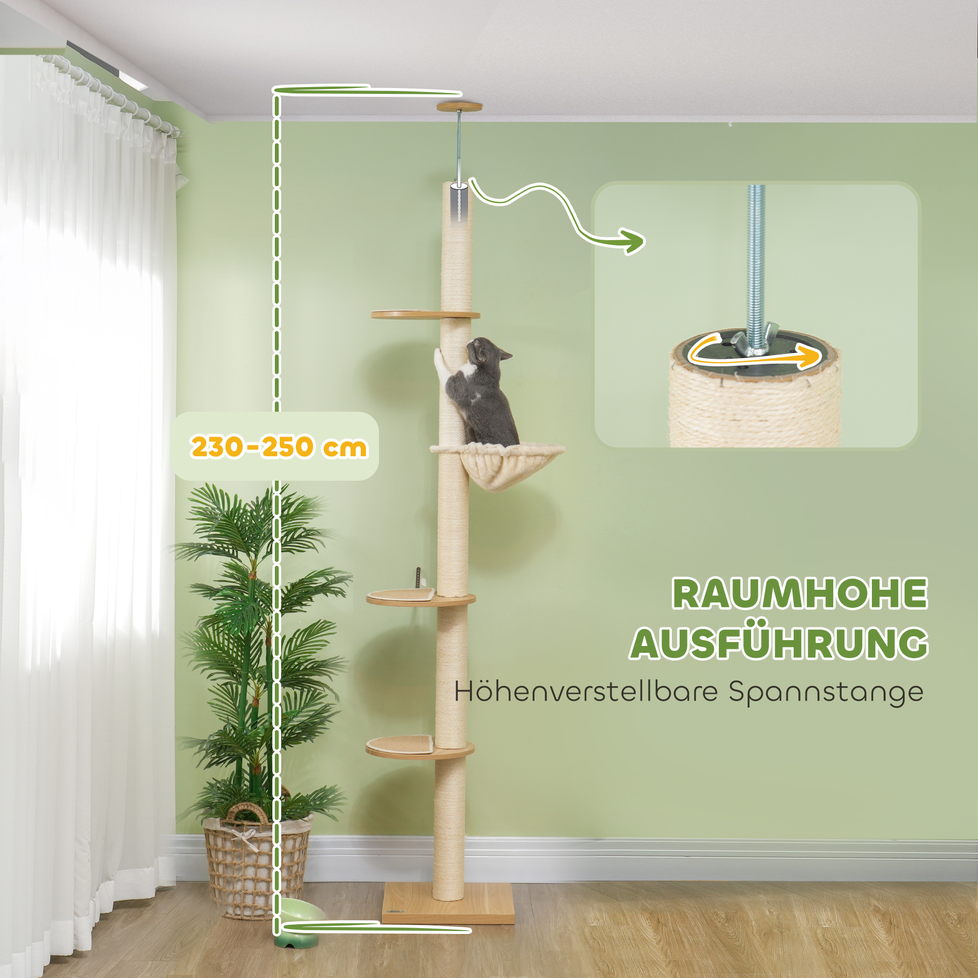 Deckenhoher Kratzbaum, Anti-Kipp-Sicherung, Sisal-Seilpfosten, Holzwerkstoff, Eiche+Cremeweiß