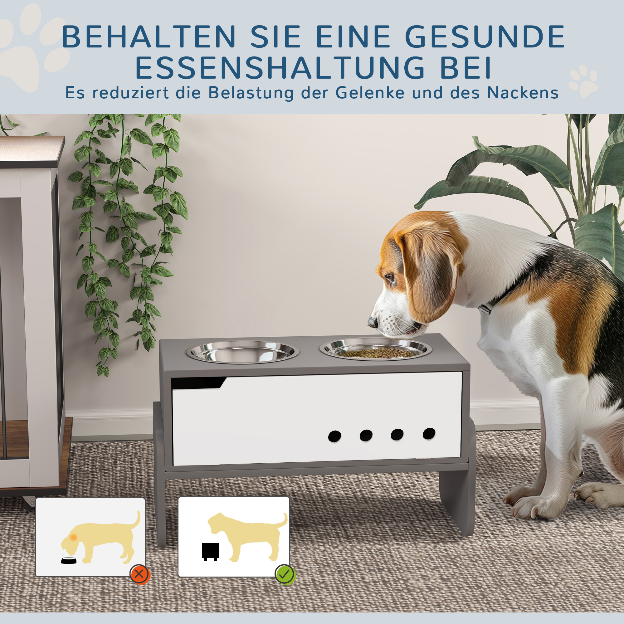 Erhöhte Fütterungsstation für Hunde, mit Stauraum und Anti-Schling-Matte, 2 x 2000 ml Edelstahlnapf, Grau