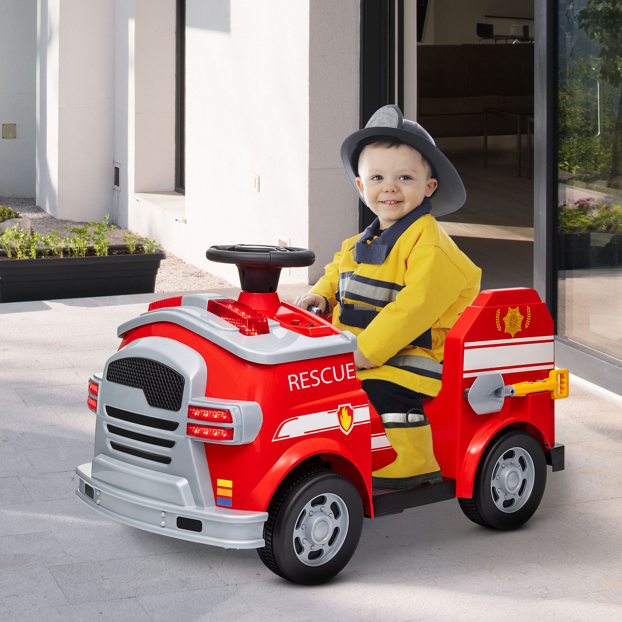 Feuerwehrauto, Elektro-Kinderauto, max, 3 km/h, Sirene, Blaulicht, Werkzeuge, für Kinder 3-5 Jahre