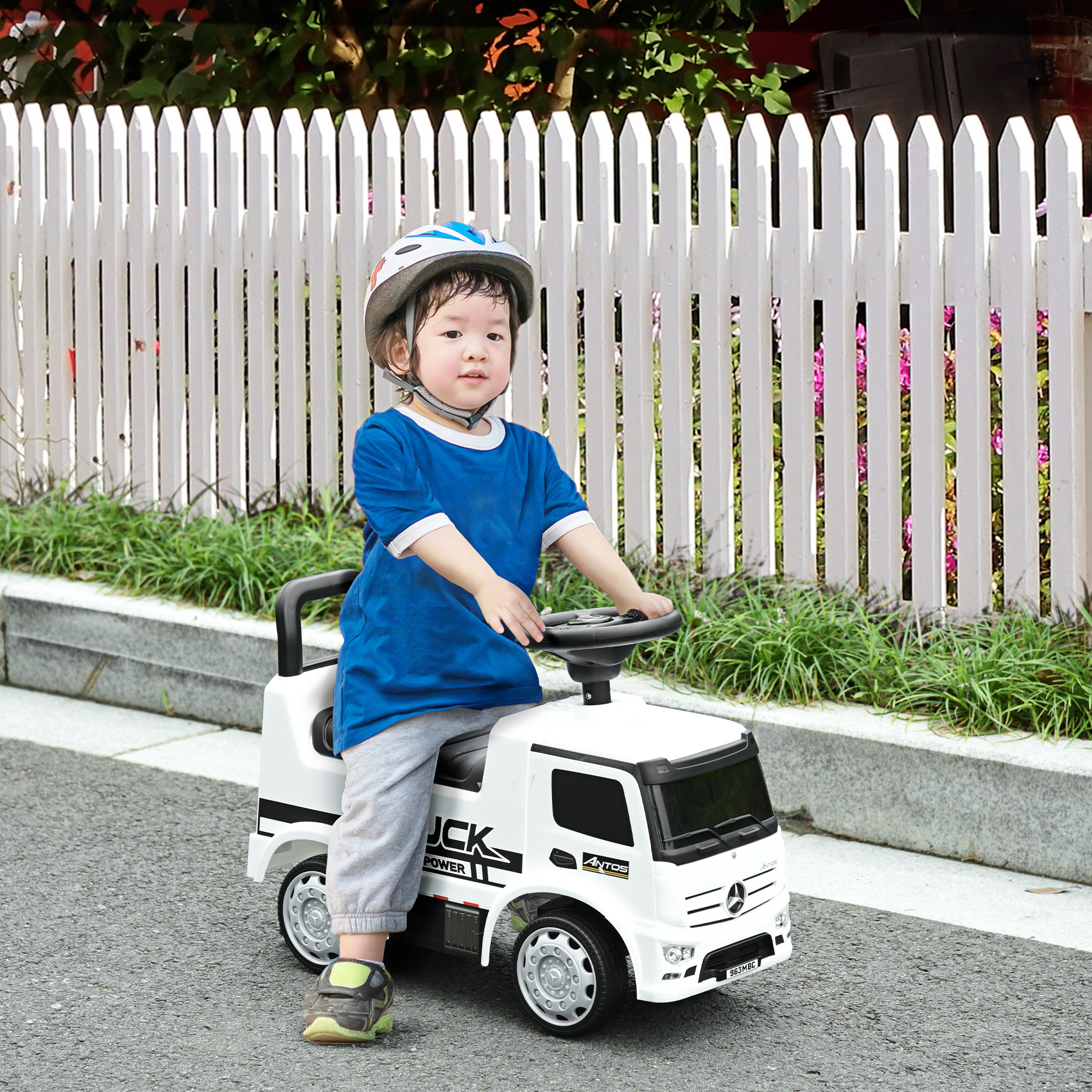 Rutscherfahrzeug Rutscherauto Babyrutscher Kinderfahrzeug lizenziert von Mercedes ANTOS-LKW-Stil mit Licht für Kinder von 12 bis 36 Monaten Metall PP-Kunststoff Weiß+Schwarz 62,5x28,5x45cm