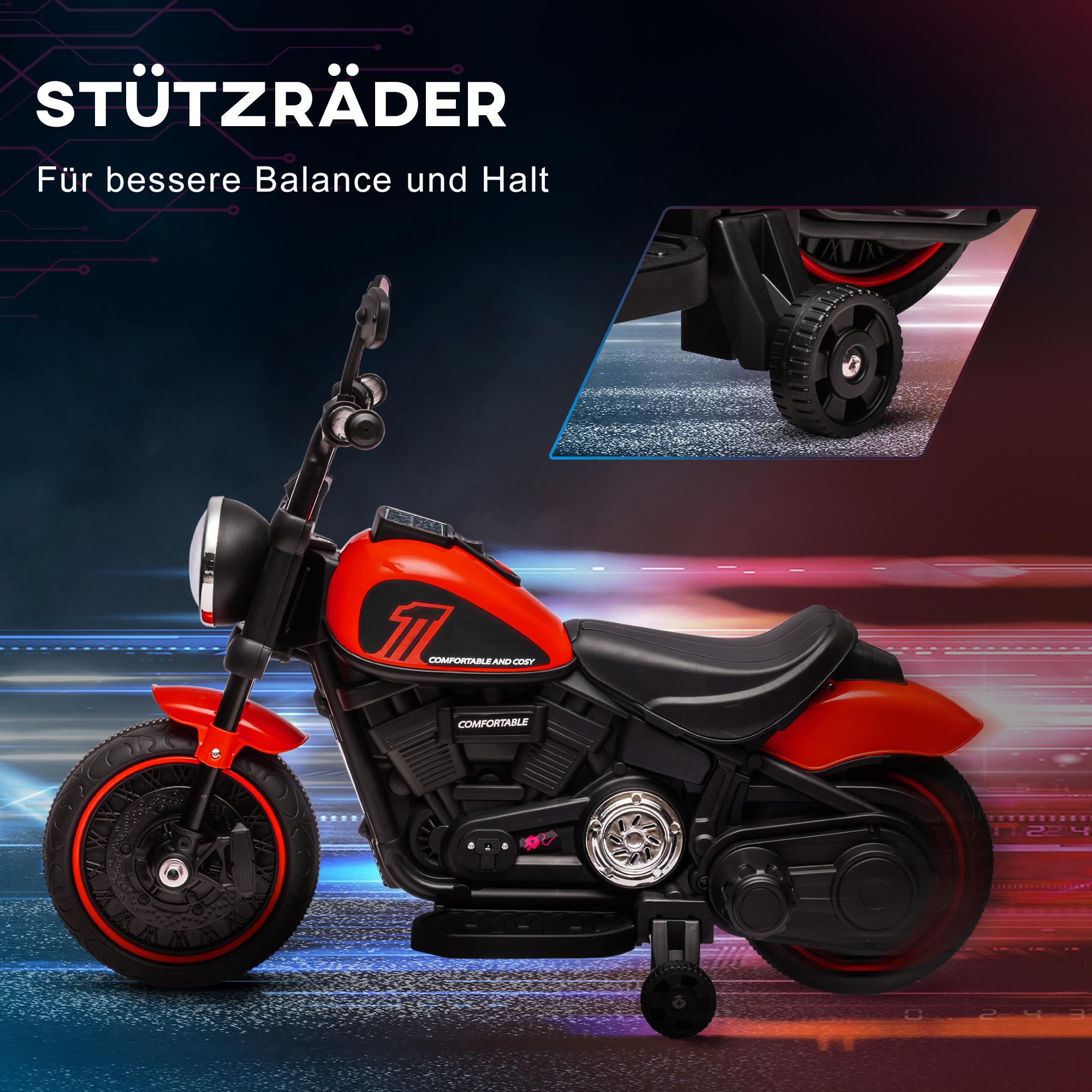 Elektro-Kindermotorrad mit Scheinwerfer, abnehmbare Stützräder, 76x42x57 cm, Rot/Schwarz