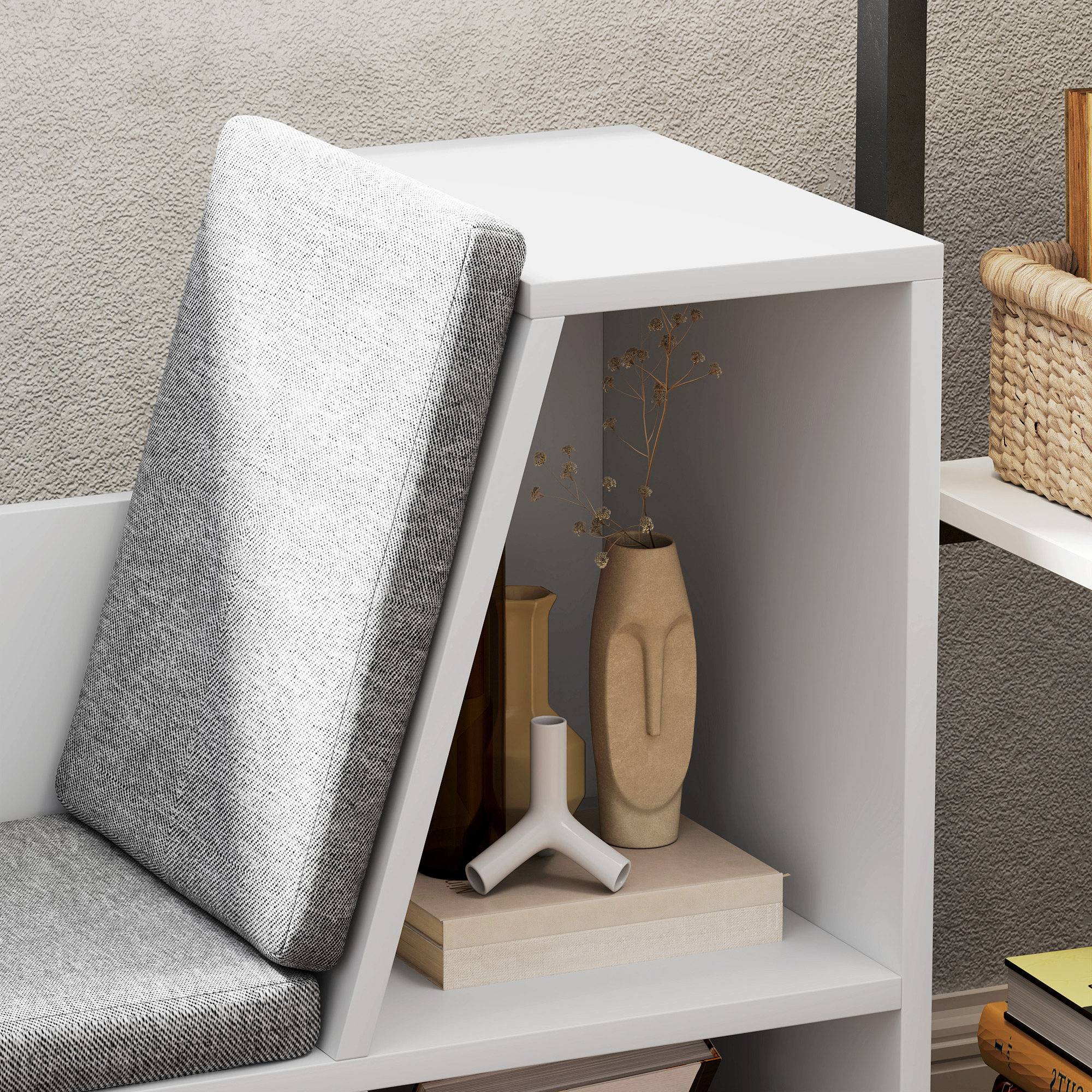 Bücherregal mit Sitzfläche, 6 Fächer, gepolstert, 105 x 30 x 63 cm, Weiß