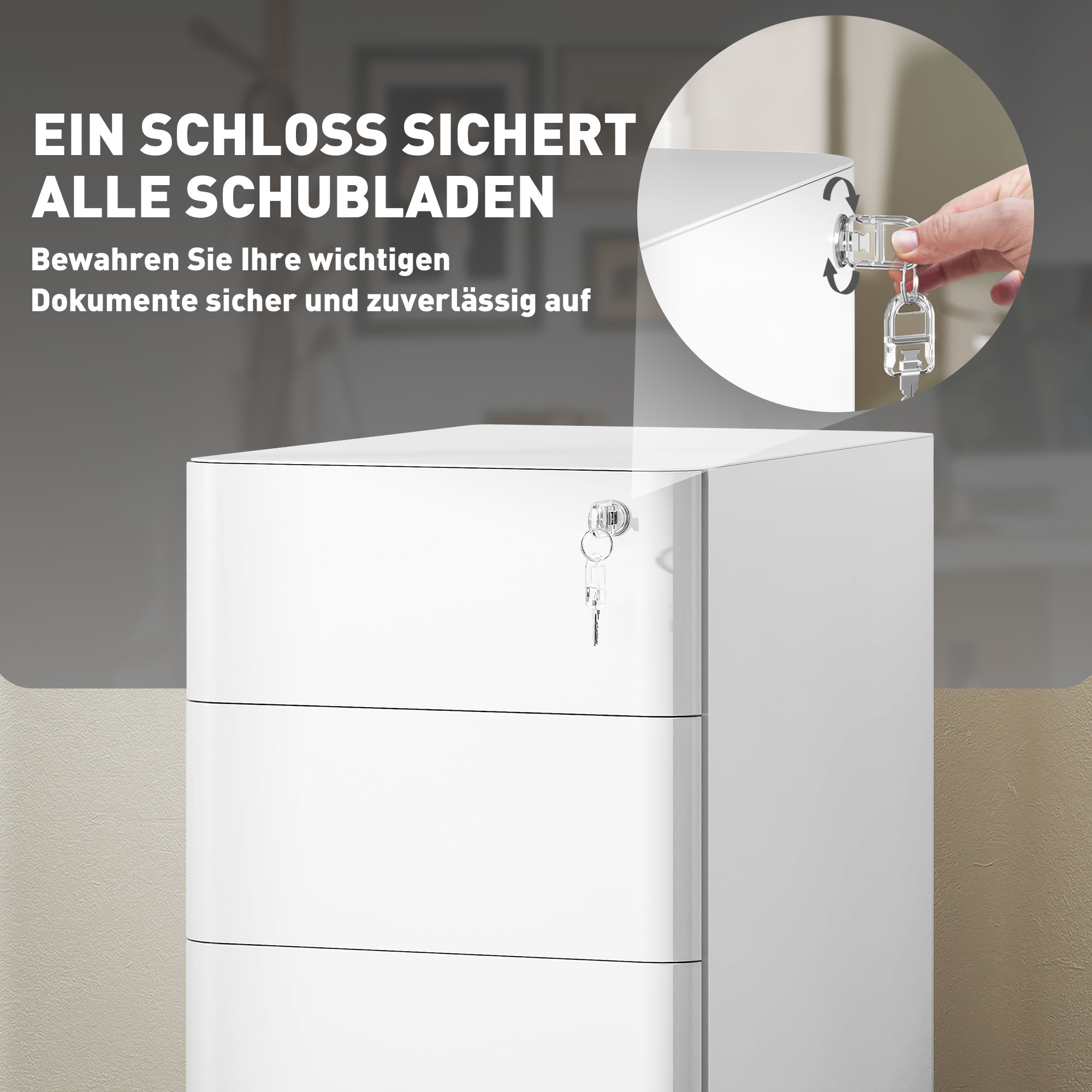Aktenschrank aus Metall, Büroschrank, 3 Schubladen, rollbar, Weiß