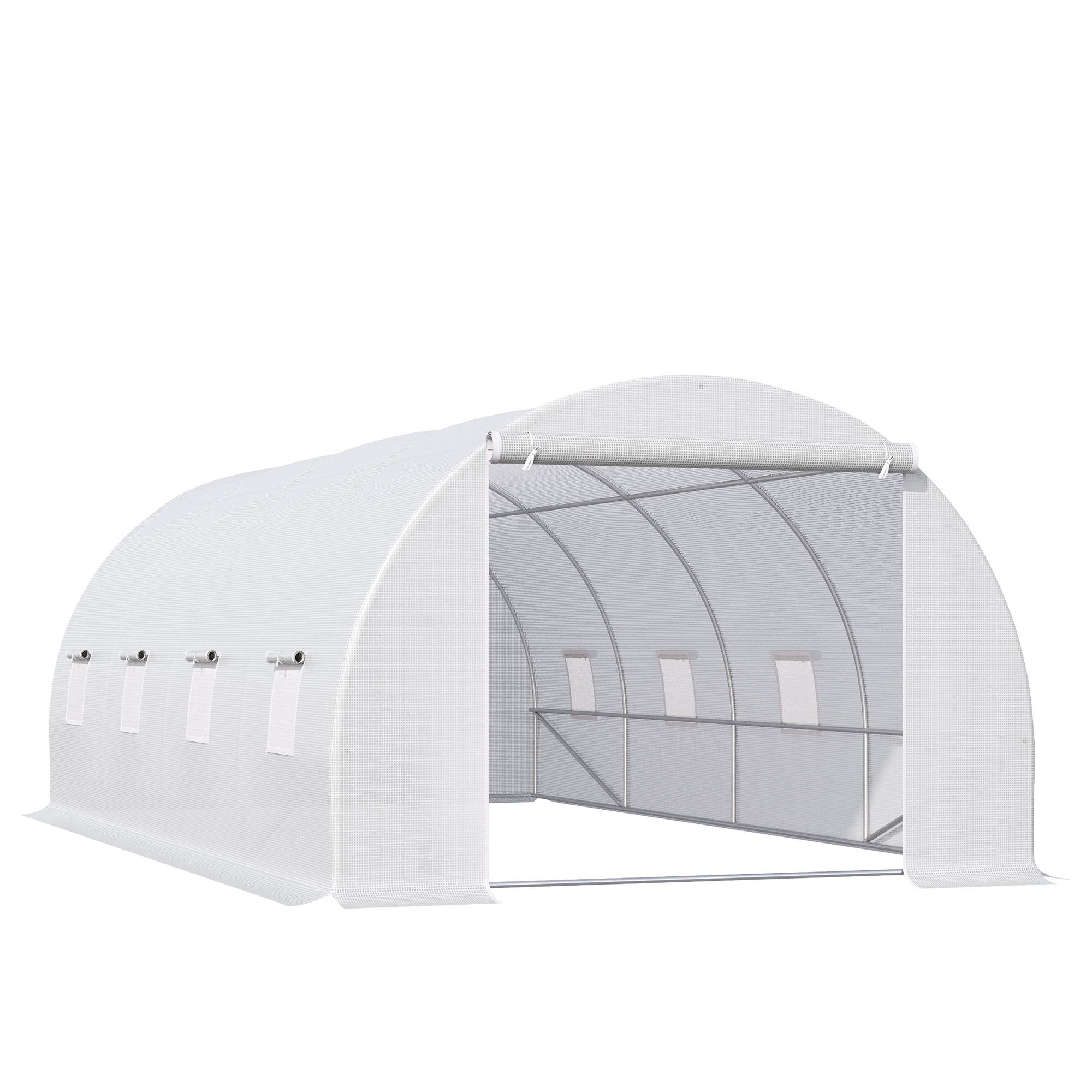 Gewächshaus 595x300x200cm Foliengewächshaus Tomatenhaus mit Tür, Fenster, Folientunnel aus verzinktem Stahl, Pflanztunnel, Treibhaus inkl, Erdanker Seilen, Gartentunnel, Weiß