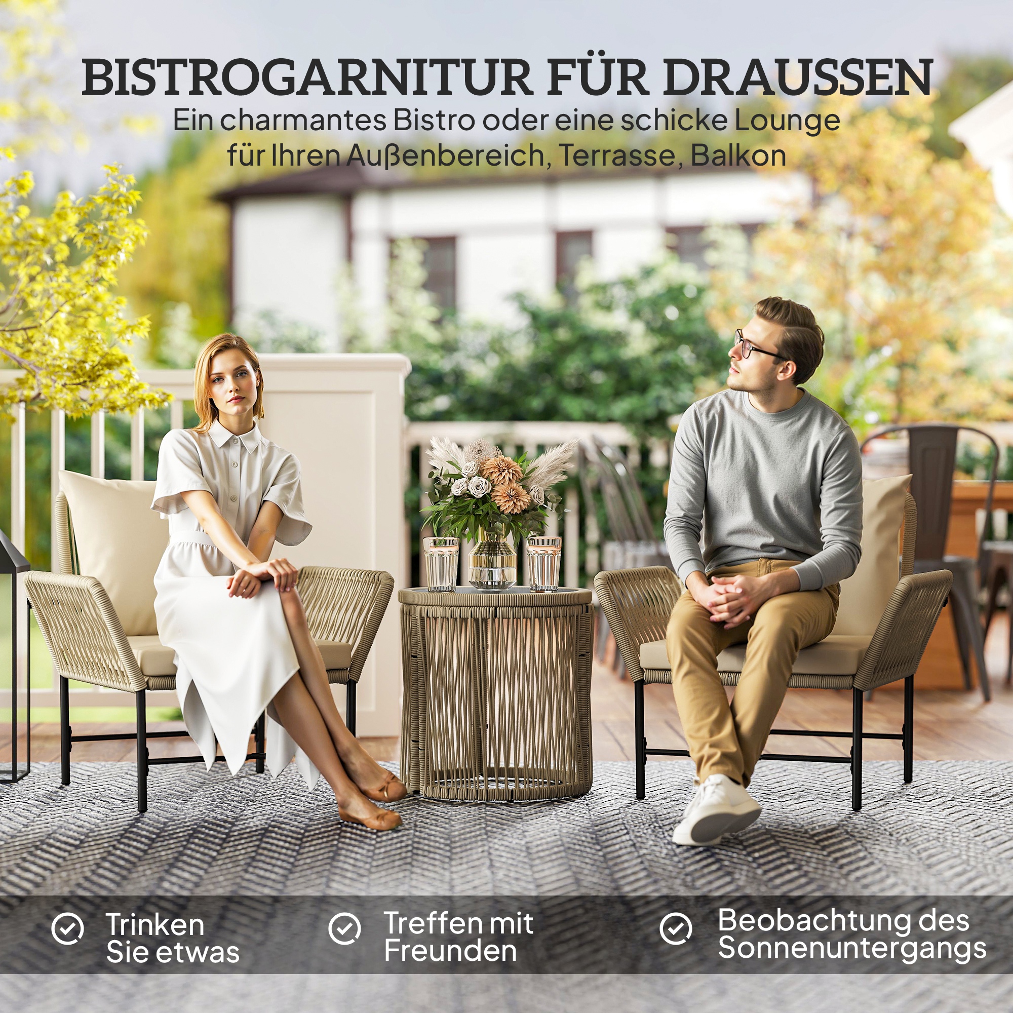 Polyrattan Gartenmöbel Set, Outdoor Balkonmöbel für 2 Personen, 3-teilig mit 2 Stühle, Beistelltisch Sitzkissen
