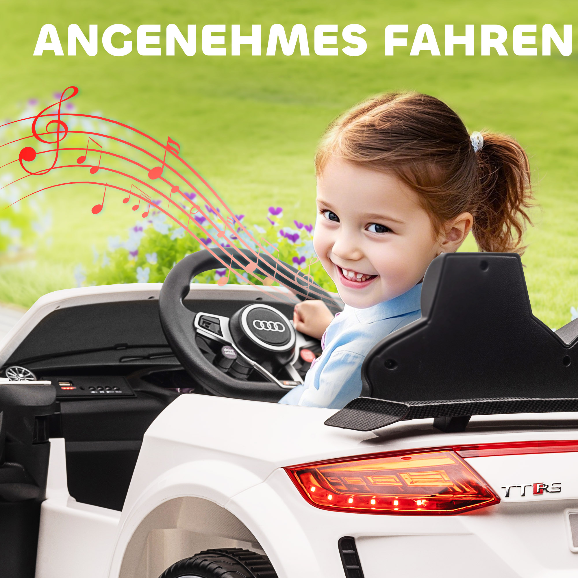 Kinder-Elektroauto, Audi TT RS Roadster, 3 km/h, Fernbedienung, LED, USB, Weiß