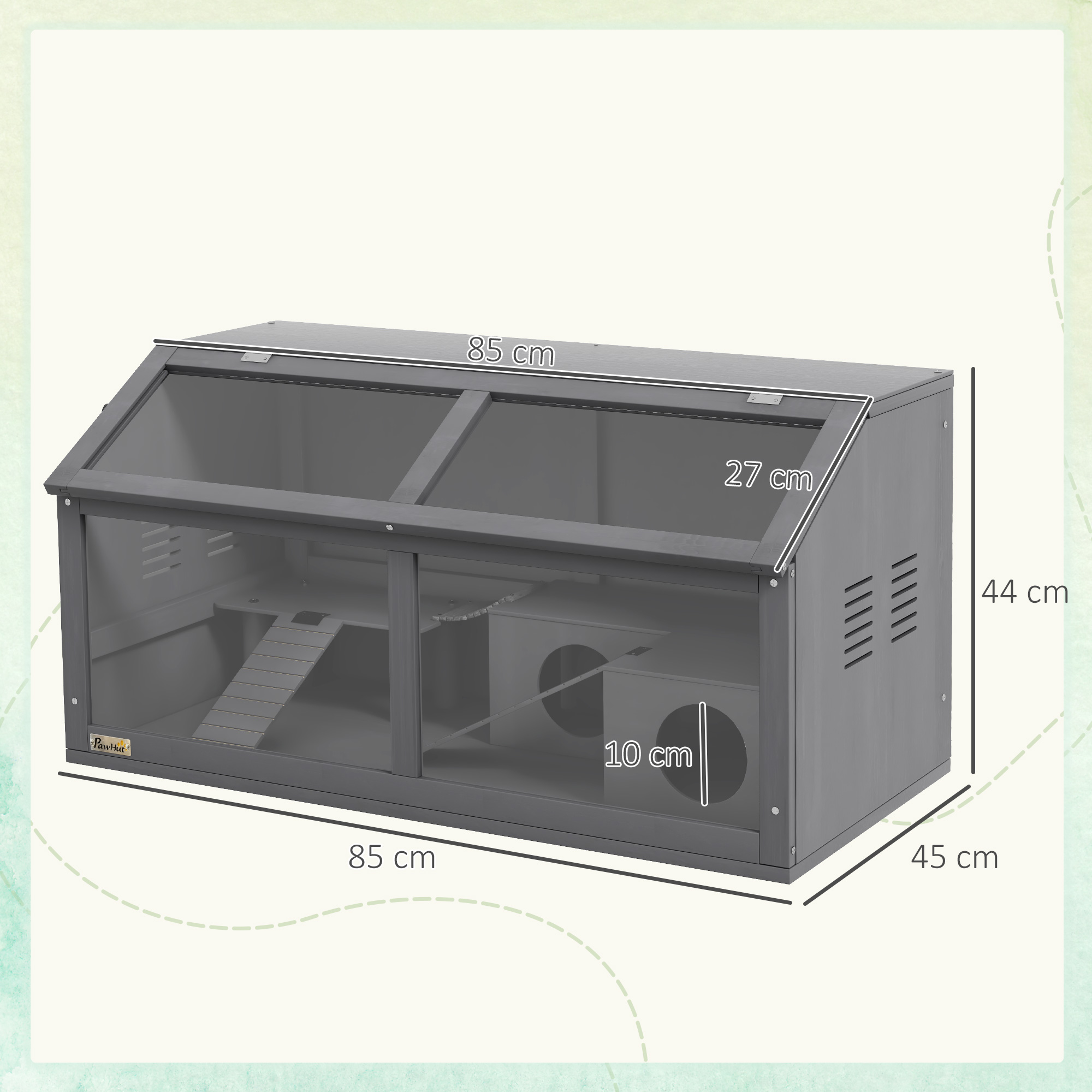 Hamsterkäfig, Kleintierkäfig aus Holz, Hängebrücke, Leitern, Hütte, 84 x 45 x 44 cm, für Zwerghamster, Grau