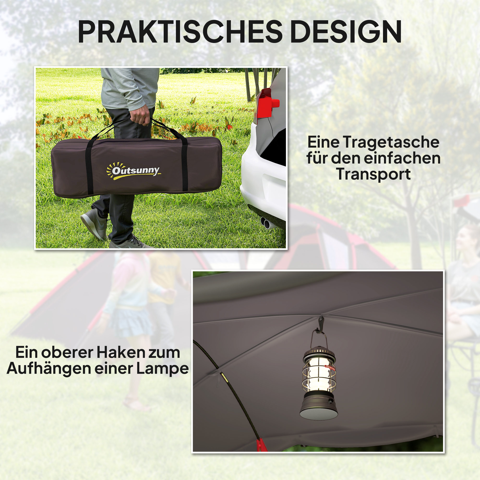 Tunnelzelt, Campingzelt für 4-6 Personen, mit 3 Räumen, Lichthaken Doppeltüren Grau