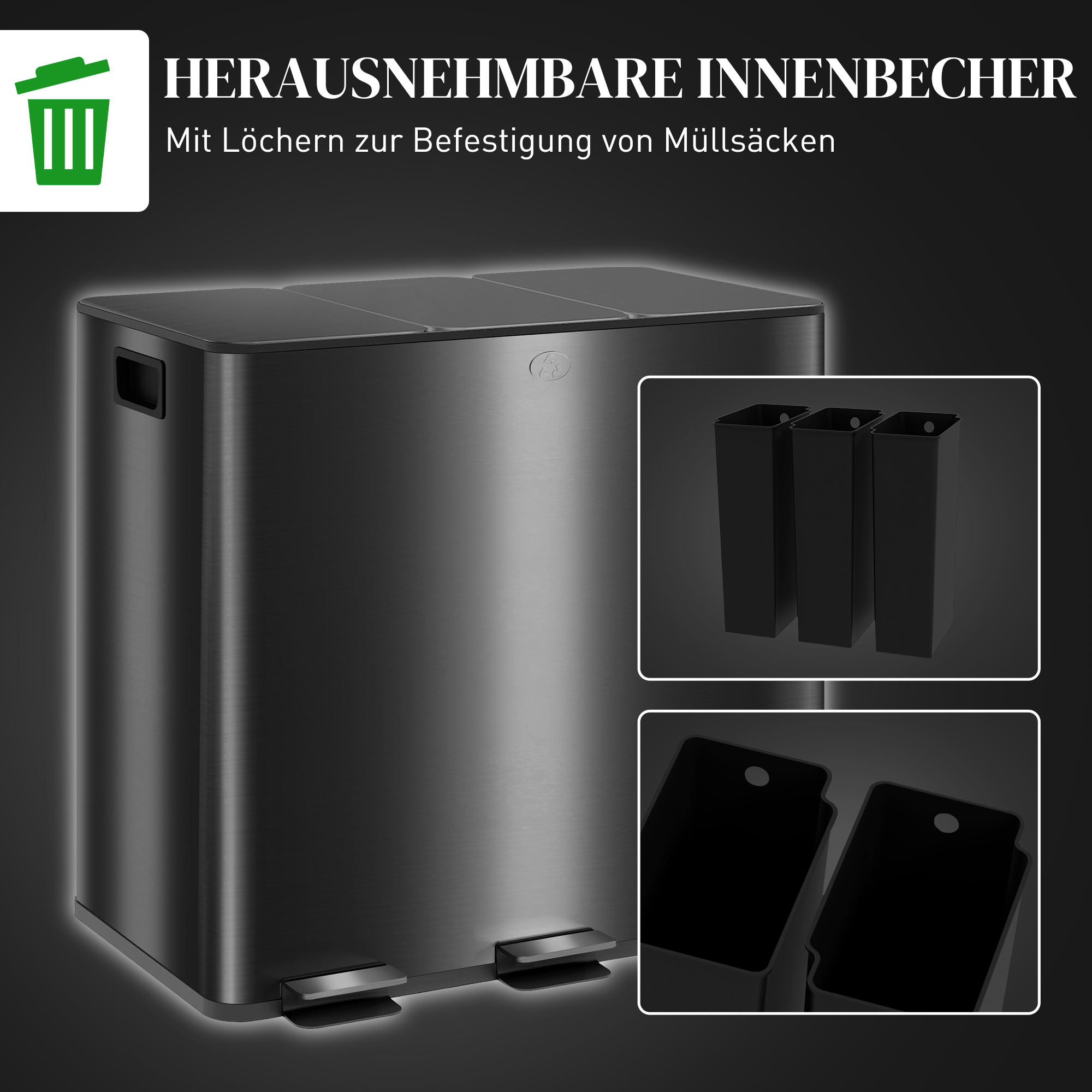 Mülleimer mit 3 x 20 L Fächern, Deodorant-Deckel, fingerabdrucksicher, Soft-Close, herausnehmbar, Schwarz