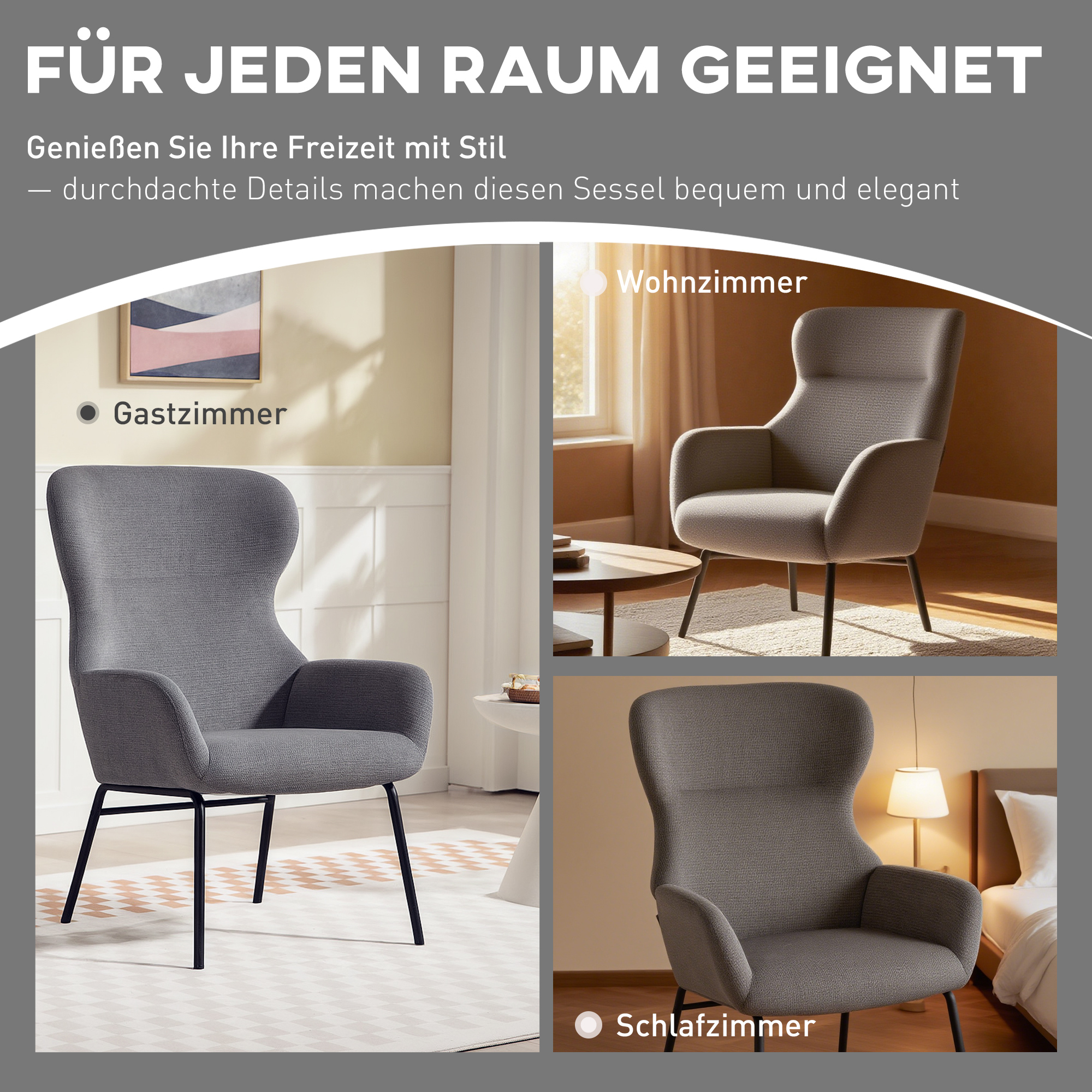 Moderner Polsterstuhl im Ohrenbacken-Stil, hohe Rückenlehne, dicke Polsterung, Metallbeine, Grau