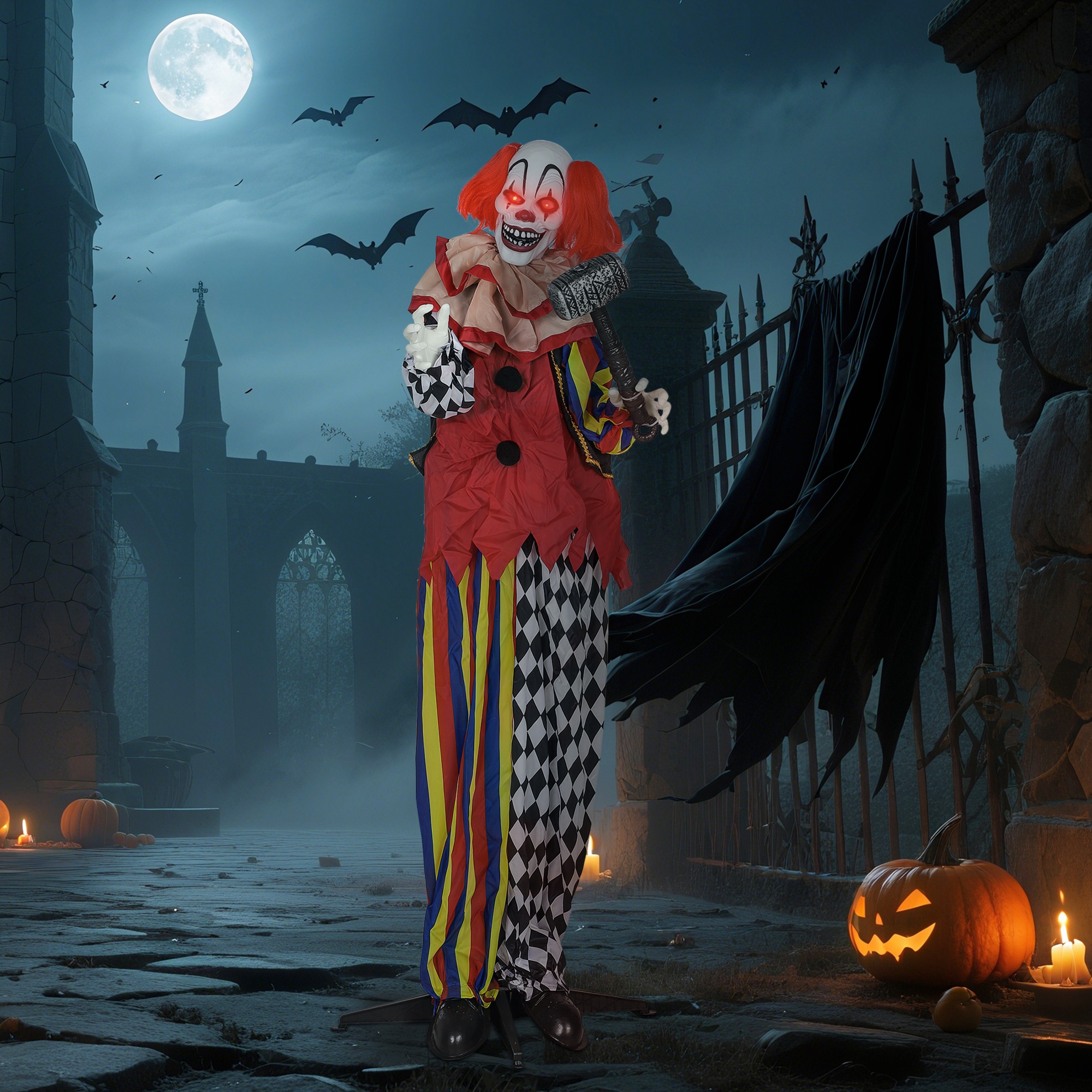 Grusel-Clown, Halloween-Animatronik, 173 cm, leuchtende Augen, Geräusch-Aktivierung, bewegliche Arme und Kopf, Batteriebetrieb, Kunststoff, Metall, Rot