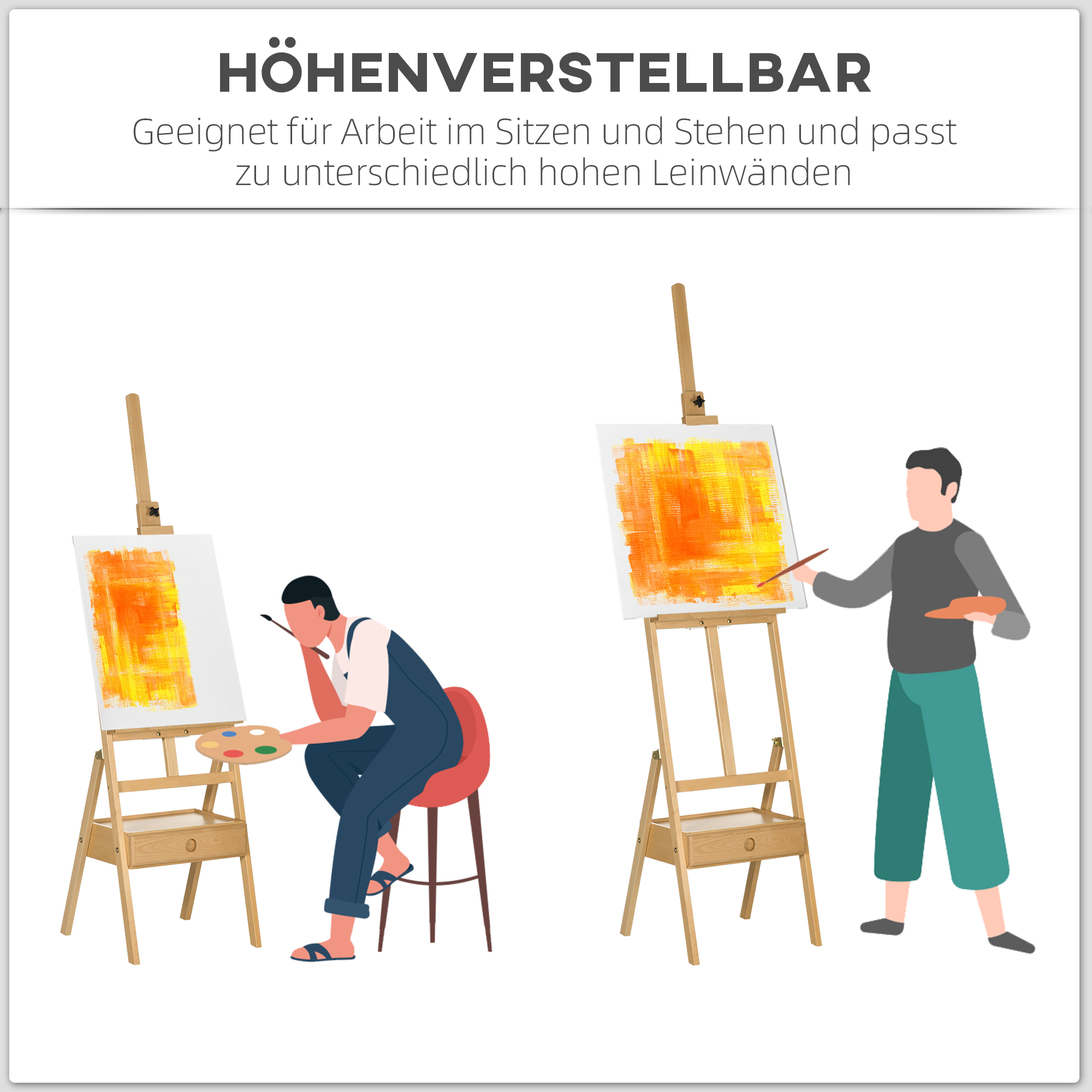 Staffelei, Künstlerstaffelei, Höhenverstellbar, 1Schublade, Natur + Schwarz