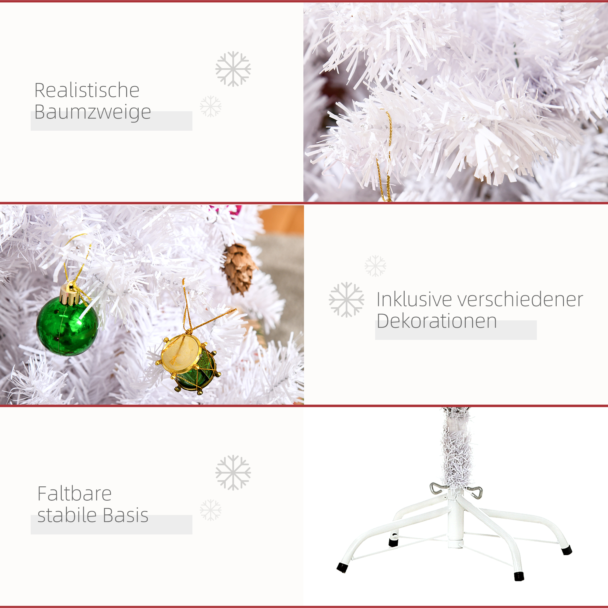Weihnachtsbaum 150 cm künstlich Tannenbaum mit Kugeln, Glocken, Trommeln, Geschenkboxen, Christbaum mit 680 Spitzen, 12 Tannenzapfen Weihnachtsdeko inkl, Metallständer für drinnen