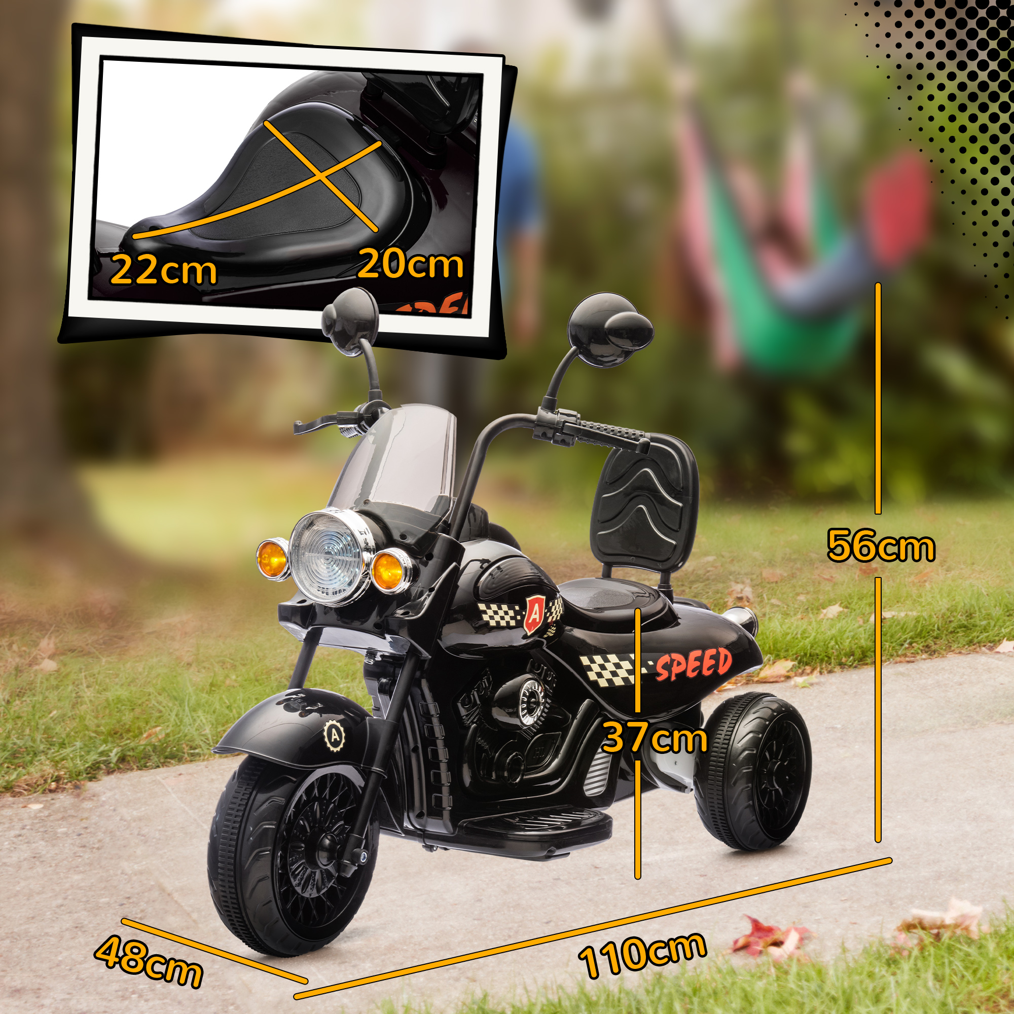 Elektro-Kindermotorrad, 3-5 km/h, Chopper, Licht & Musik, für Kinder 3-6 Jahre, Schwarz