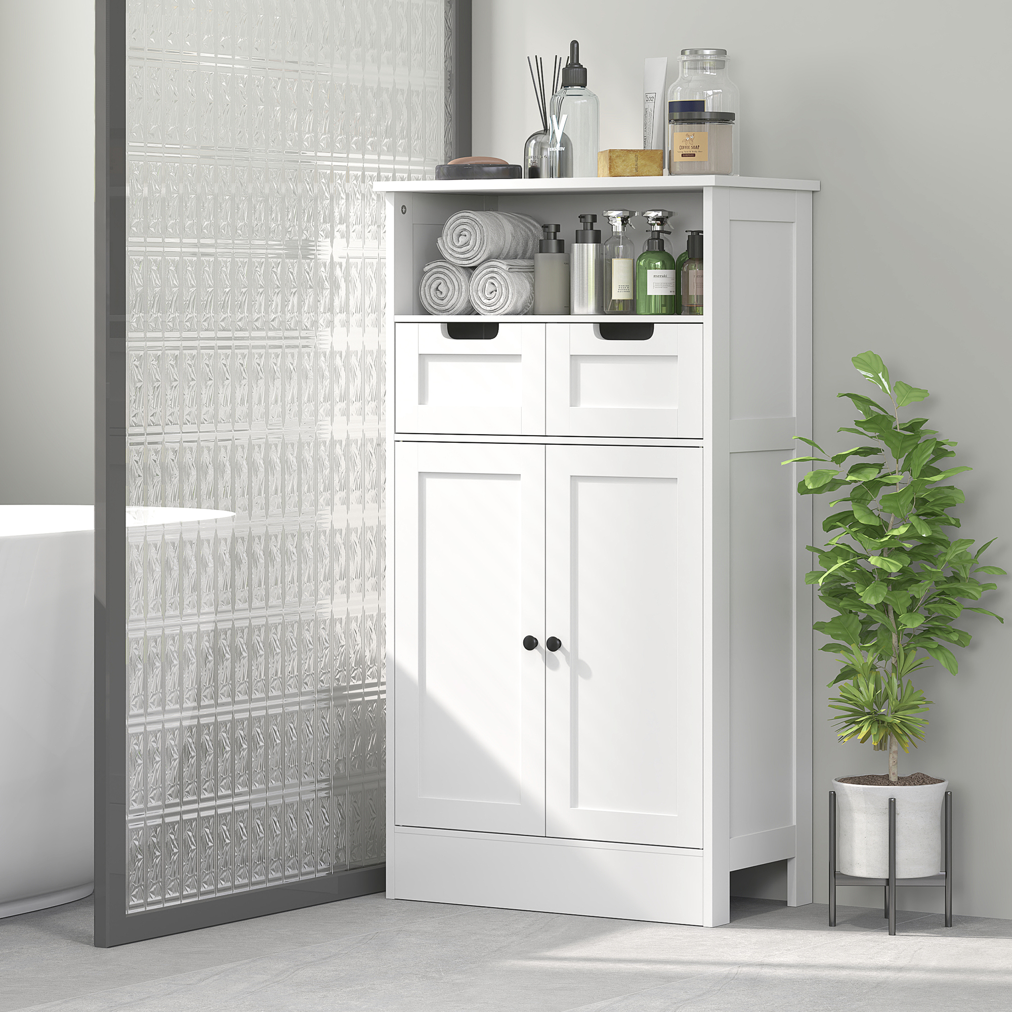 Badezimmerschrank mit 2 Schubladen, Tür, 60 x 30 x 109 cm, Weiß
