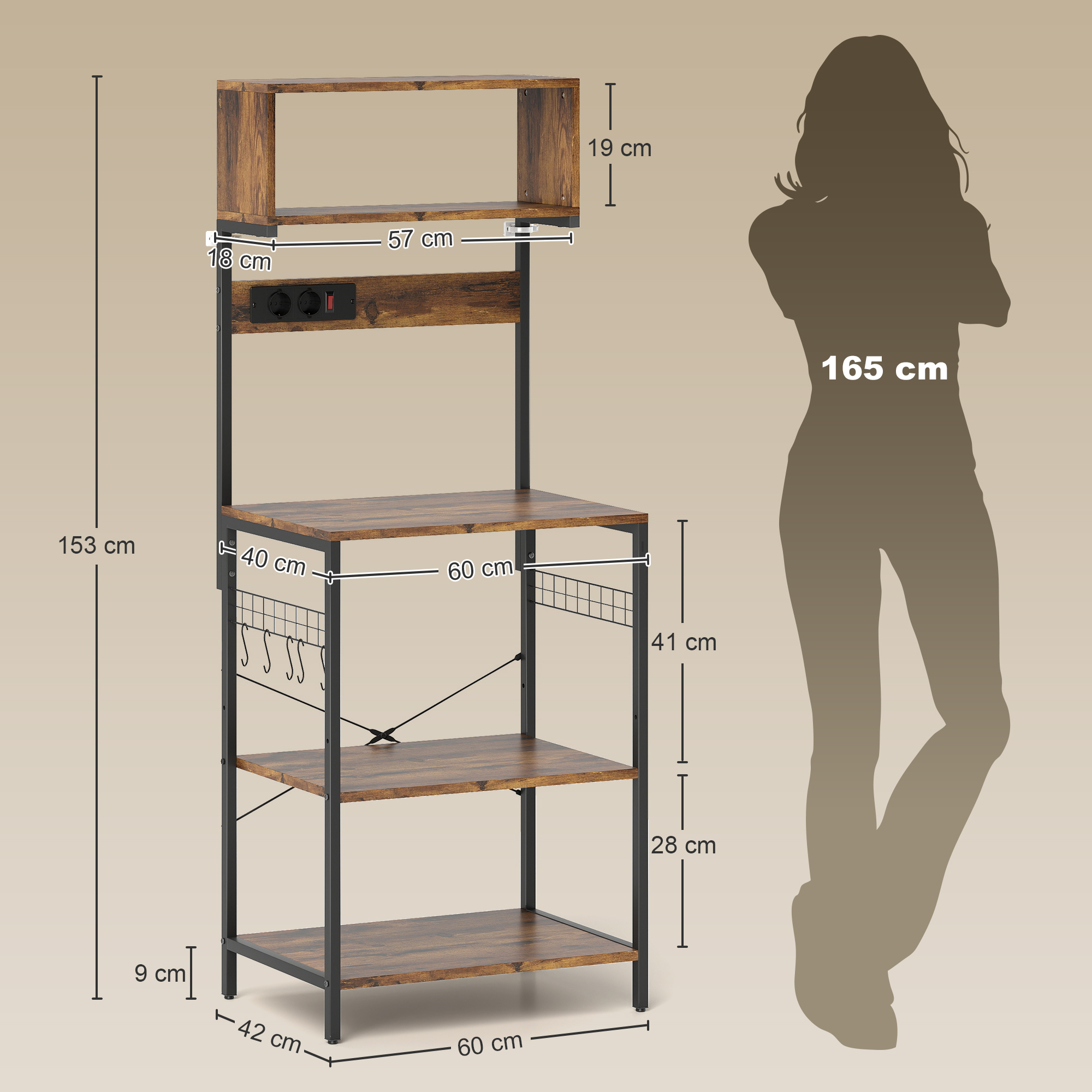 Küchenregal, Standregal mit 5 S-Haken, 5 Ablagen, Steckdose, aus Stahl, Rustikal-Braun, 60 x 42 x 153 cm
