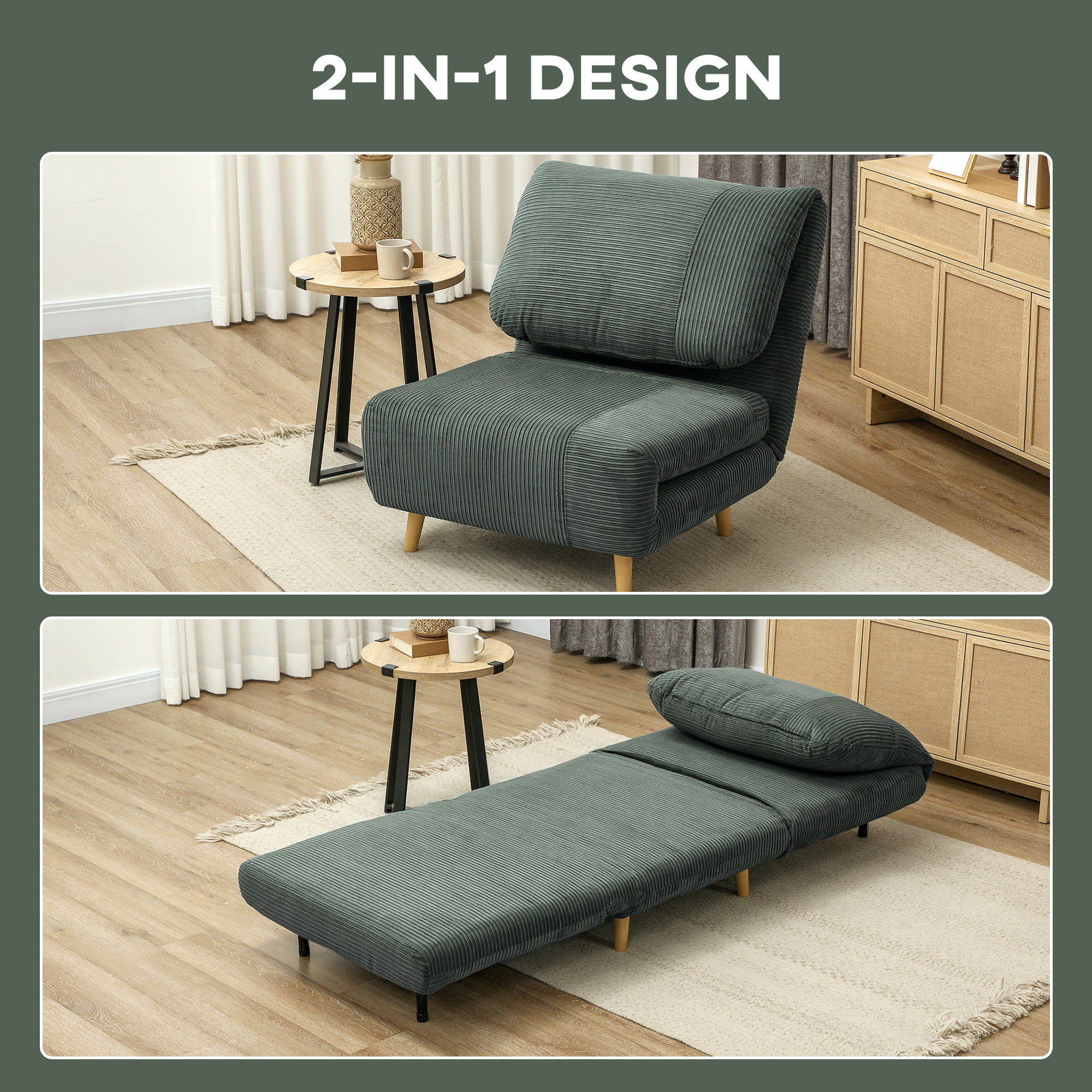 2-in-1 Schlafsessel Gästebett, verstellbare  Kopfstütze Cord-Optik 82 cm x 8 cm x 83 cm Grün