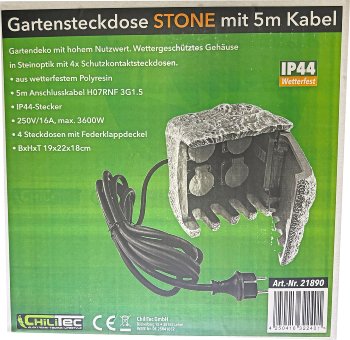 Gartensteckdose "Stone", 4-fach, 250V/16A, IP44, inkl. 5m Zuleitung
