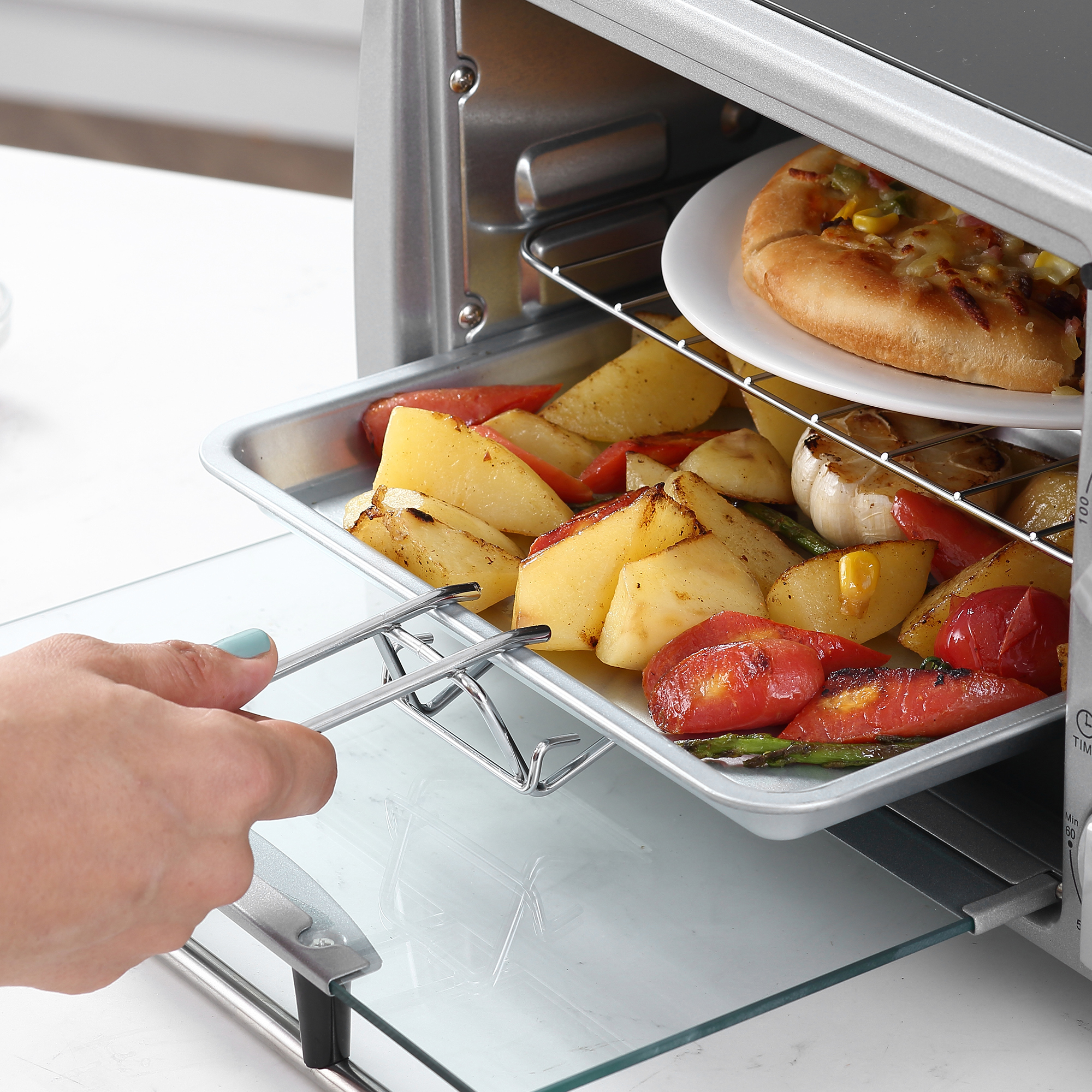 Mini Backofen 10 L 750W 100-230? 60 Min. Timer mit Backblech, Grillrost und Herausnehmbarer Bodenschale, Pizza-Ofen Silber