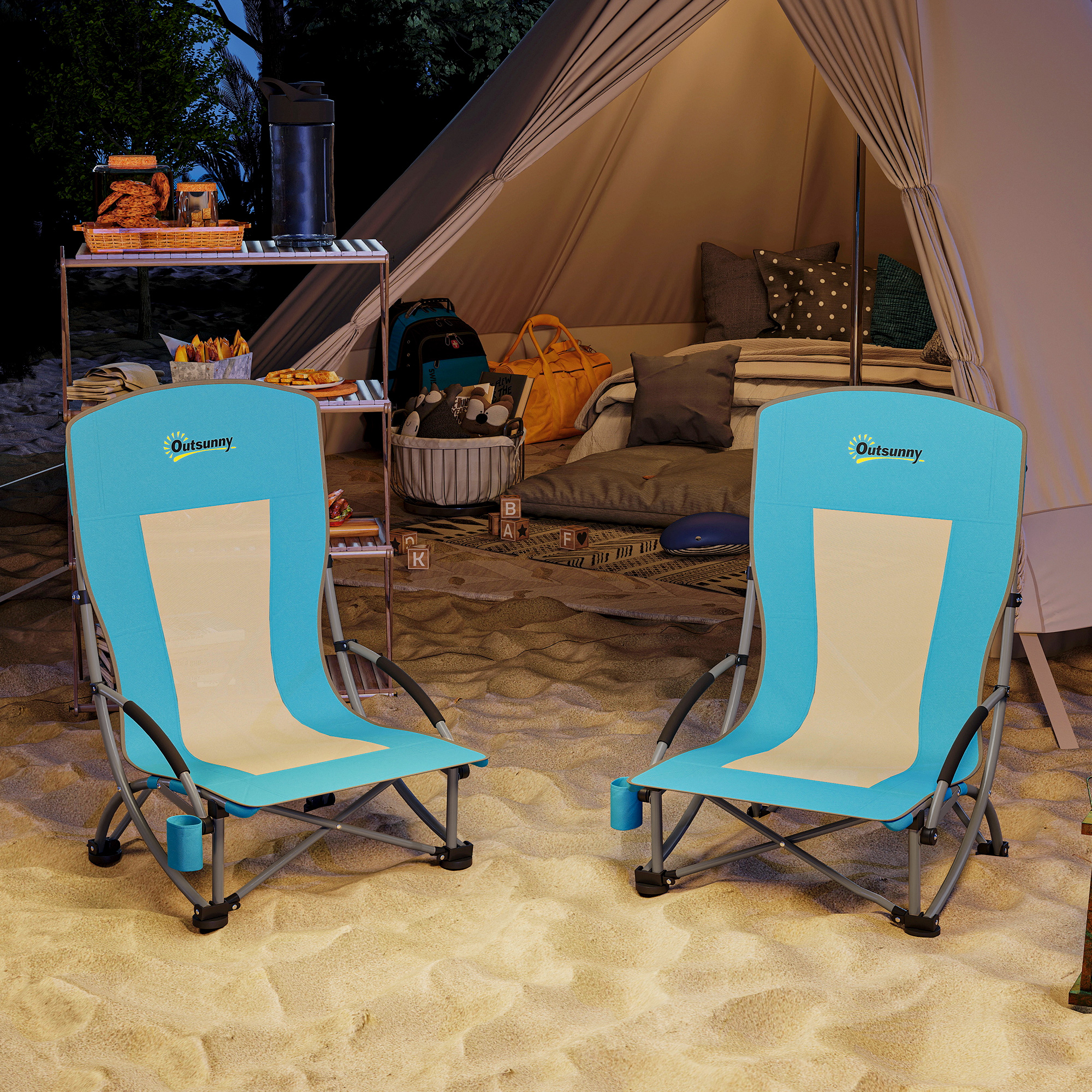 2er Set Campingstühle klappbar Campingstuhl mit Getränkehalter Netzrückenlehne bis 120 kg Blau