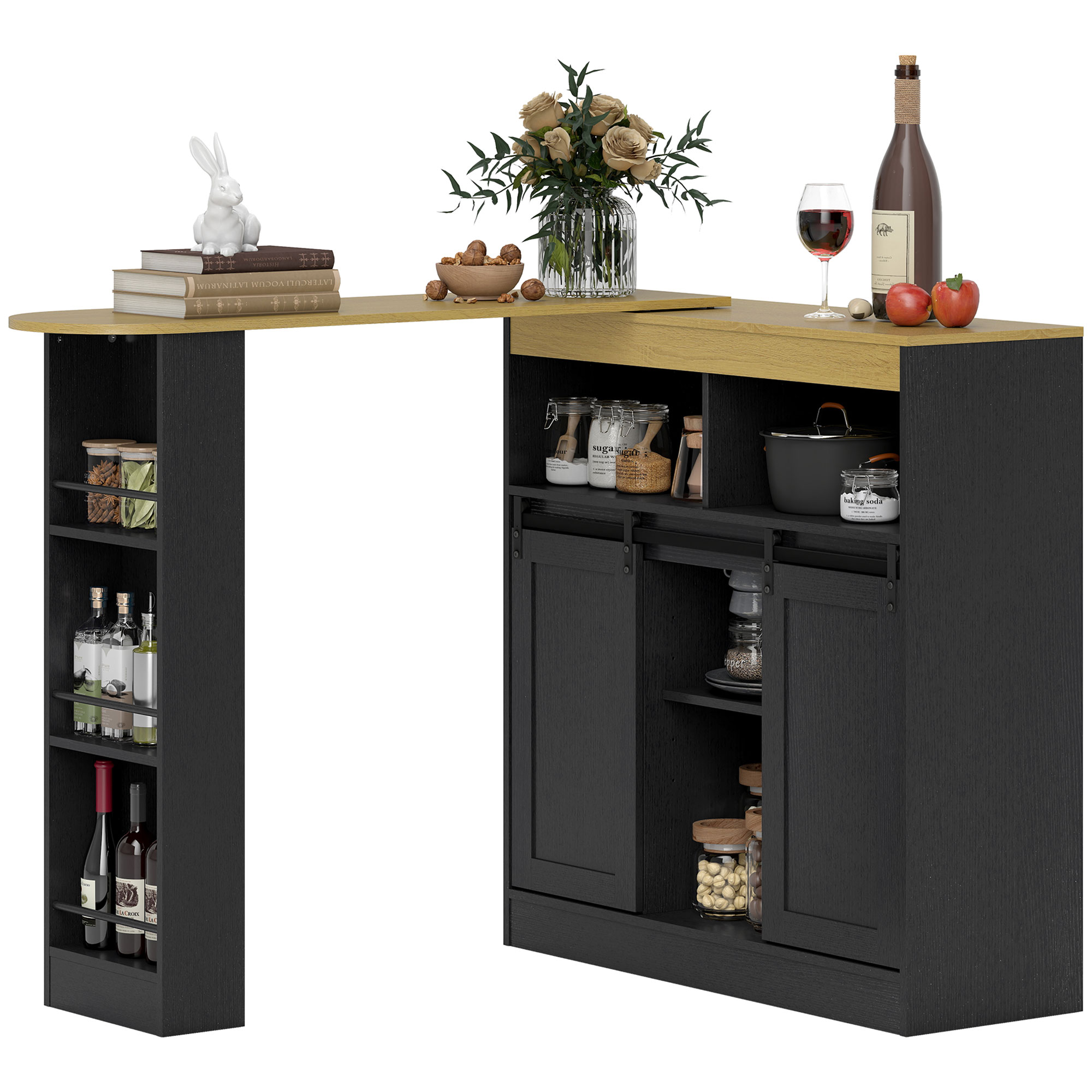 Ausziehbarer Bartisch, zu L-Form umwandelbar, viel Stauraum, 3 verstellbare Regale, Spanplatte, MDF, Schwarz