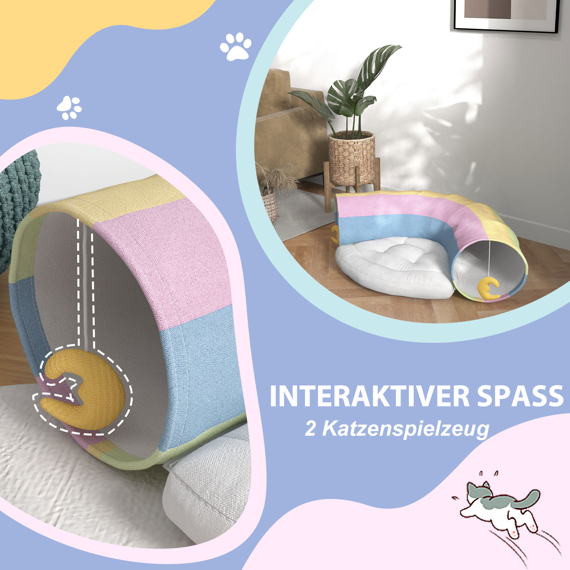 Katzentunnel Katzenspielzeug,  2 Spielzeuge, 1 Liegepolster, verspieltes Design, 105 cm x 65 cm x 28 cm, Mehrfarbig
