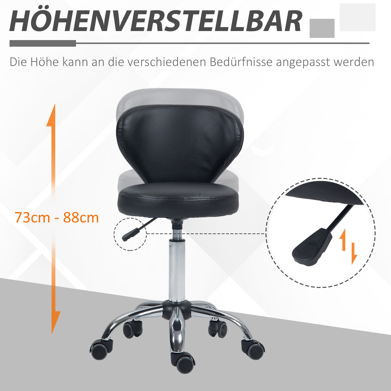 Salonhocker in Lederoptik, höhenverstellbar, bis 120 kg, Stahlgestell, Schwarz