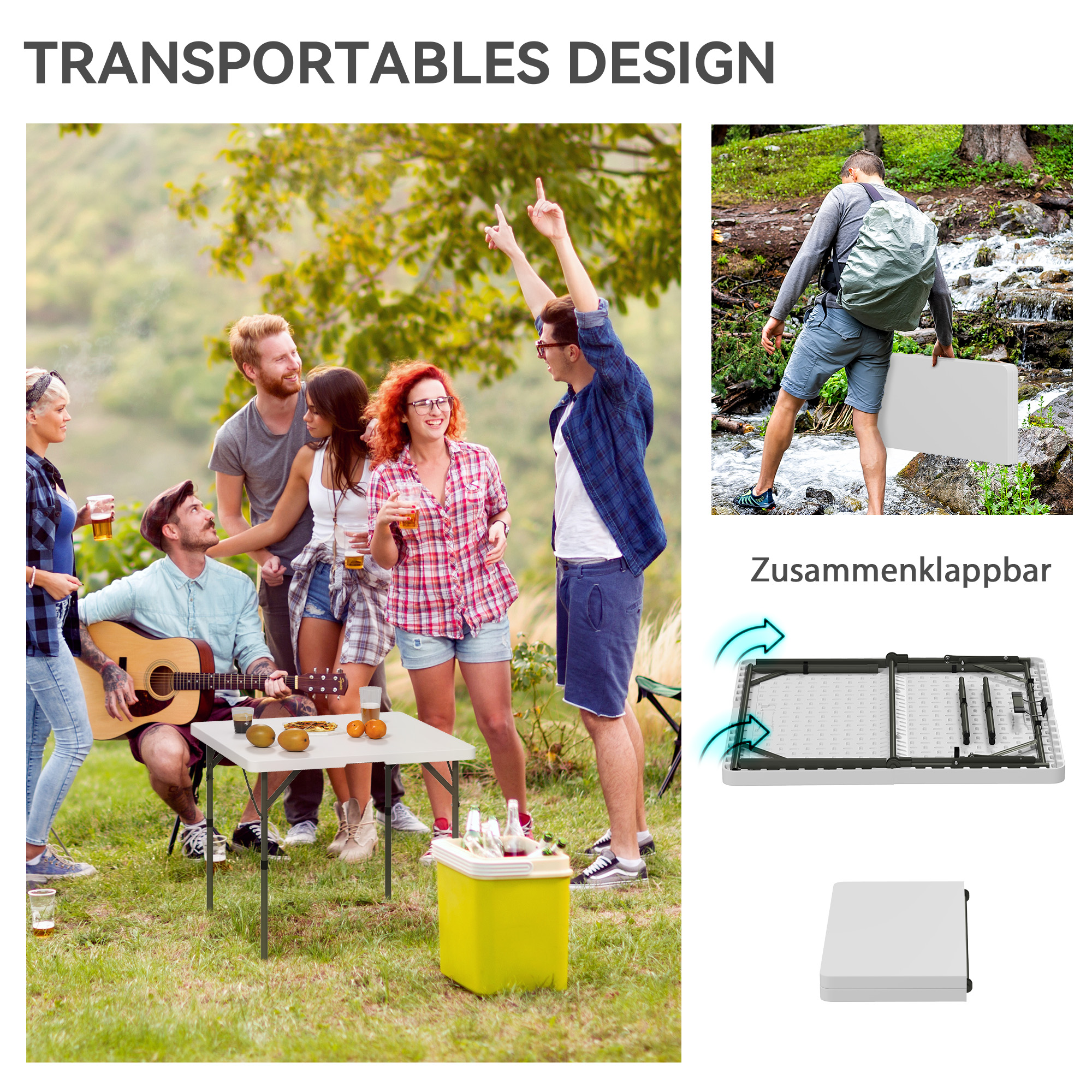 Picknicktisch, Klappbarer Campingtisch, in zwei Höhen einstellbar, für Gartenpartys, Camping, Kunststoff, Metall, Weiß