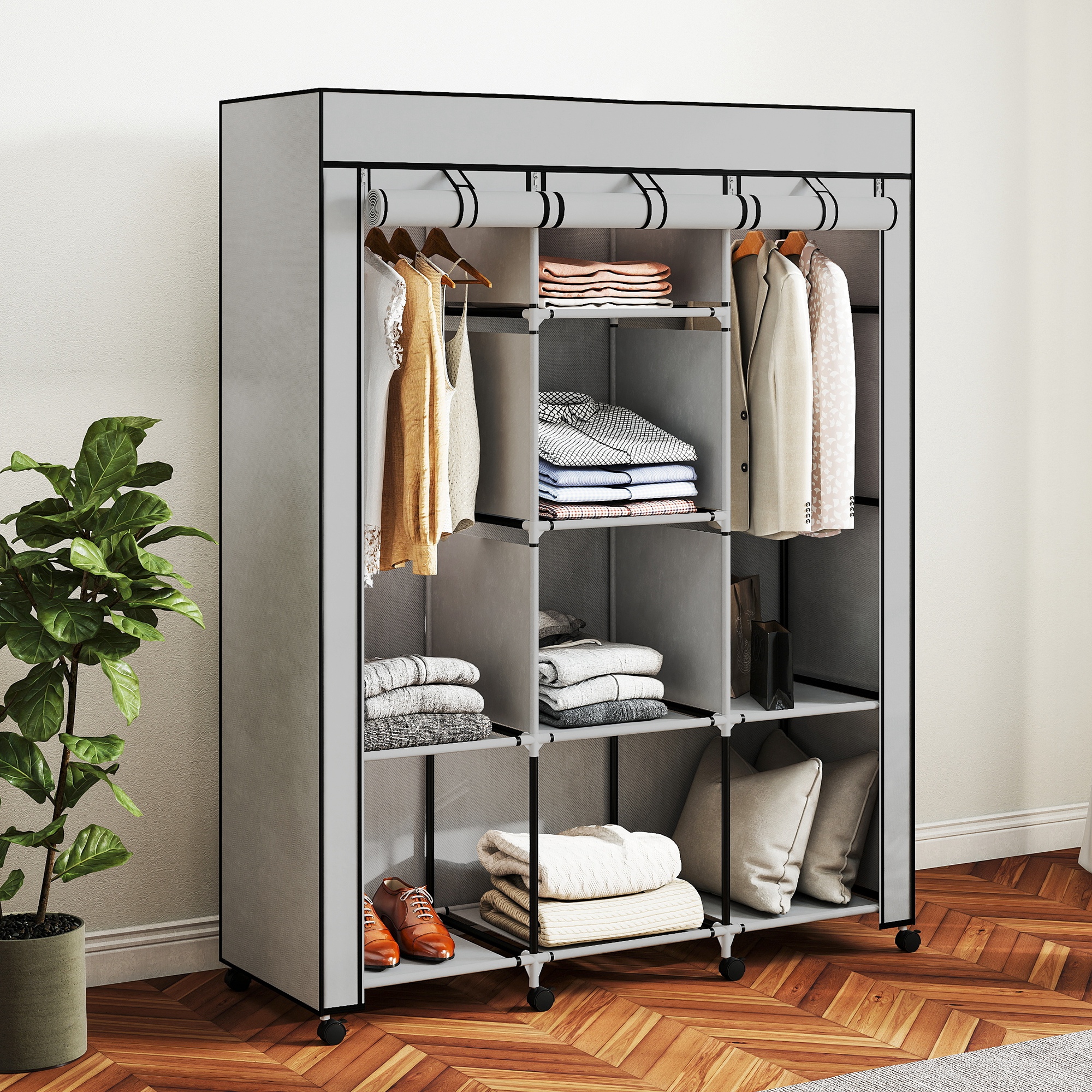 Schrank aus Stoff, Aufbewahrungslösung, 8 Regale, 2 Kleiderstangen, Grau