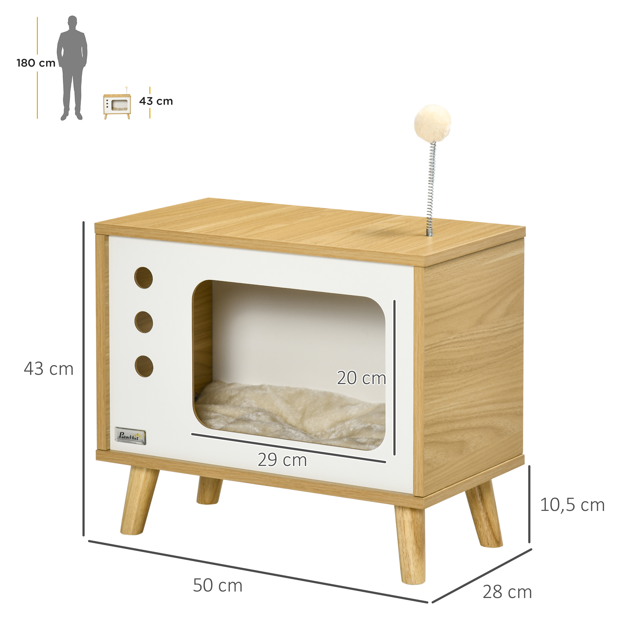 Katzenhöhle imTV-Design inkl, Spielzeug, waschbares Kissen, 50 cm x 28 cm x 43 cm, Eiche + Beige + Weiß