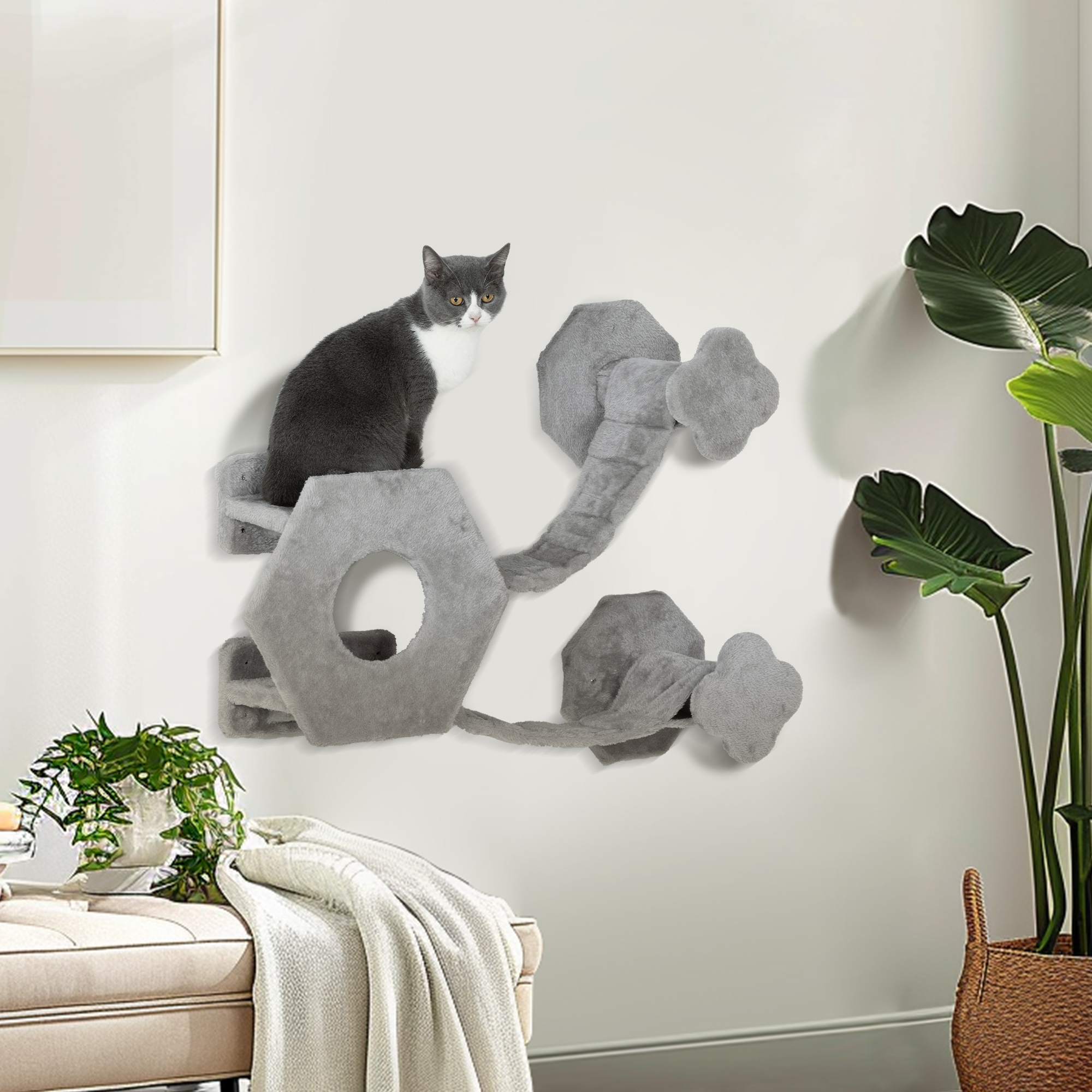 Katzen Kletterwand, inkl. Katzenhaus, Leitern, Spielball, platzsparend, Hellgrau