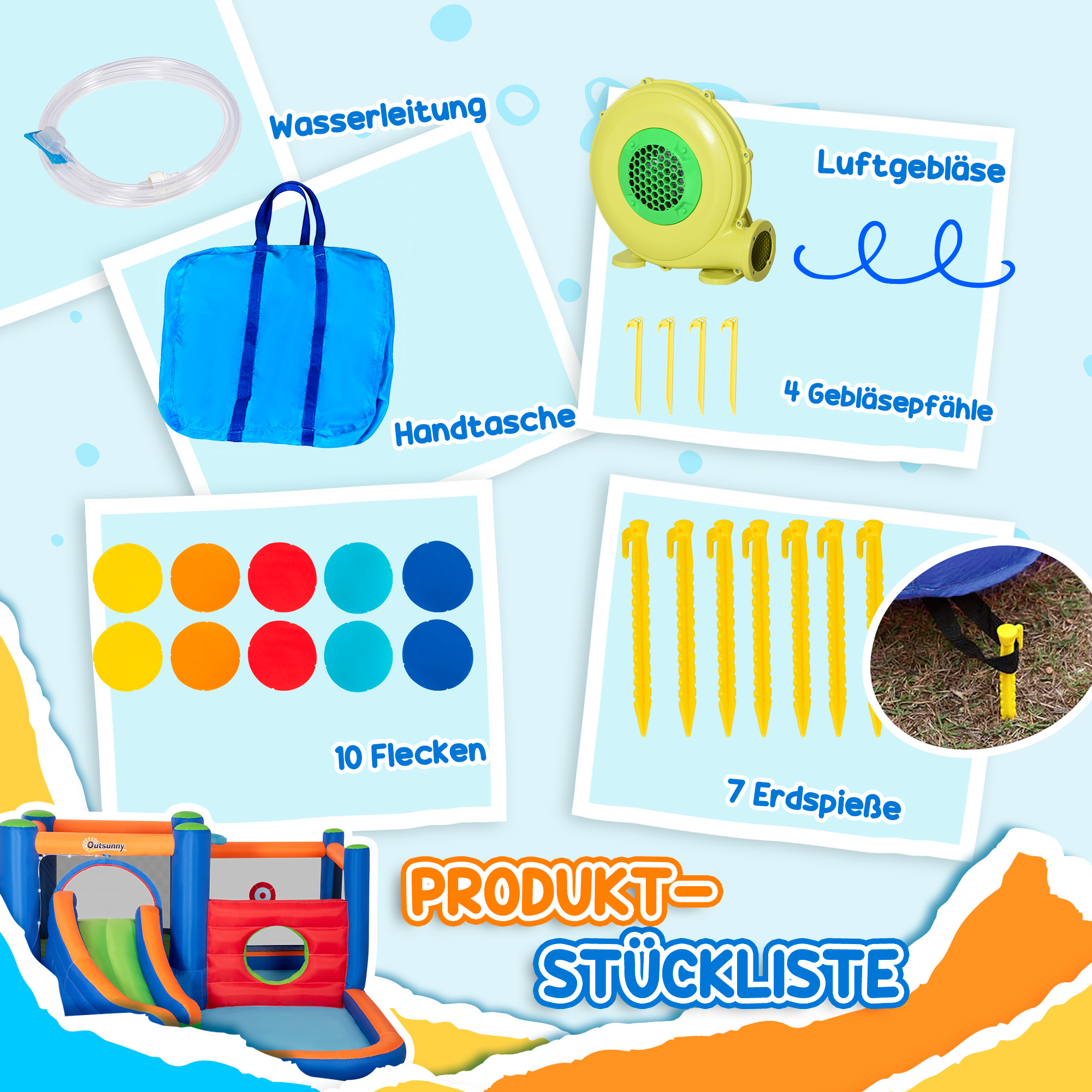 Hüpfburg, mit Rusche, Hüpfbereich, Pool, aufblasbar, inkl. Elektropumpe, für bis 3 Kinder, 380 x 340 x 170 cm