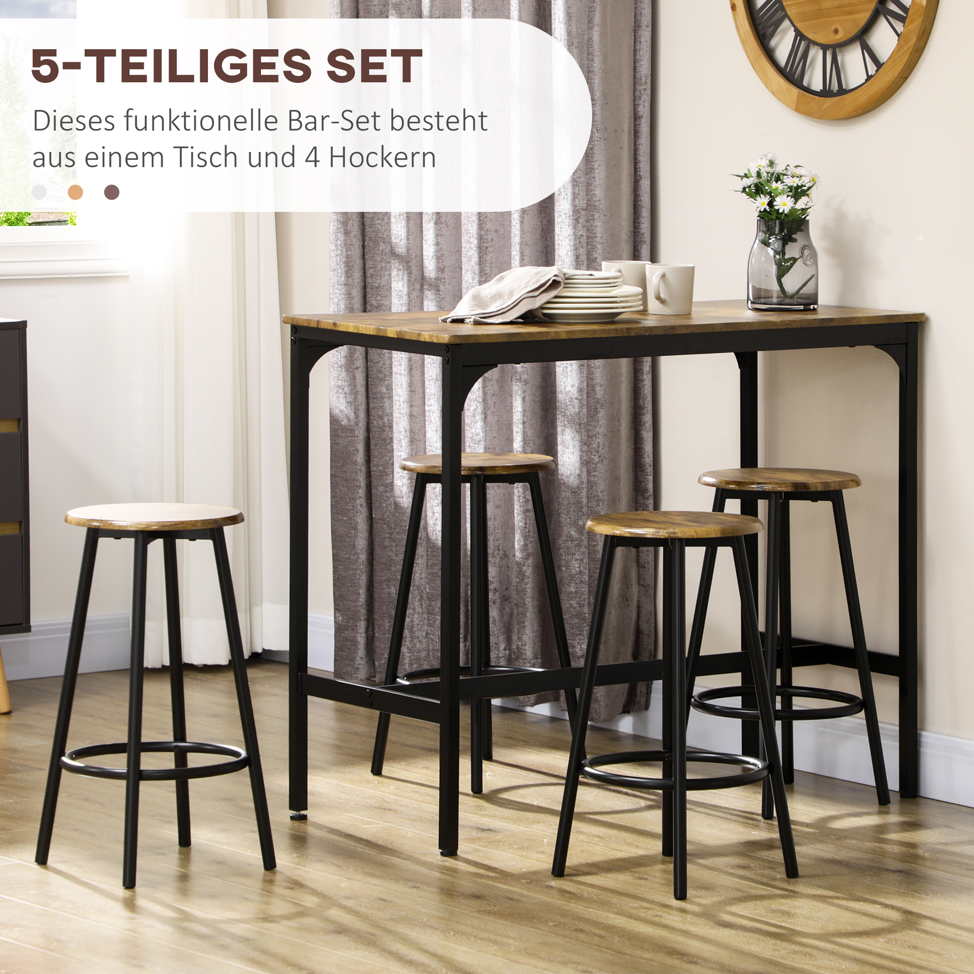 5-tlg, Bartisch-Set im Industriedesign, 1 Bartisch, 4 Barhocker, Sitzgruppe, Küchentresen, Schwarz + Braun