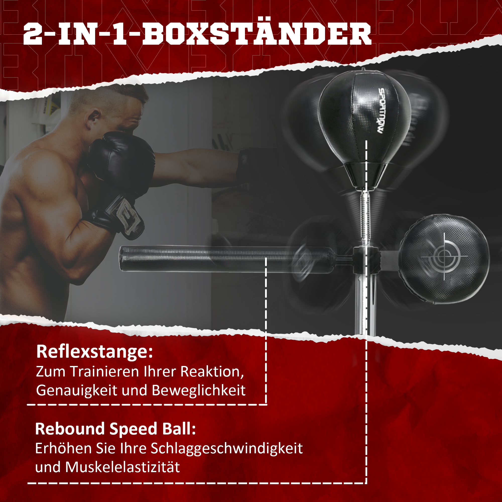 Höhenverstellbarer Punchingball, 360° drehbar, inkl, Boxbandagen, Schwarz, 80,5 x 48 x 163-205 cm