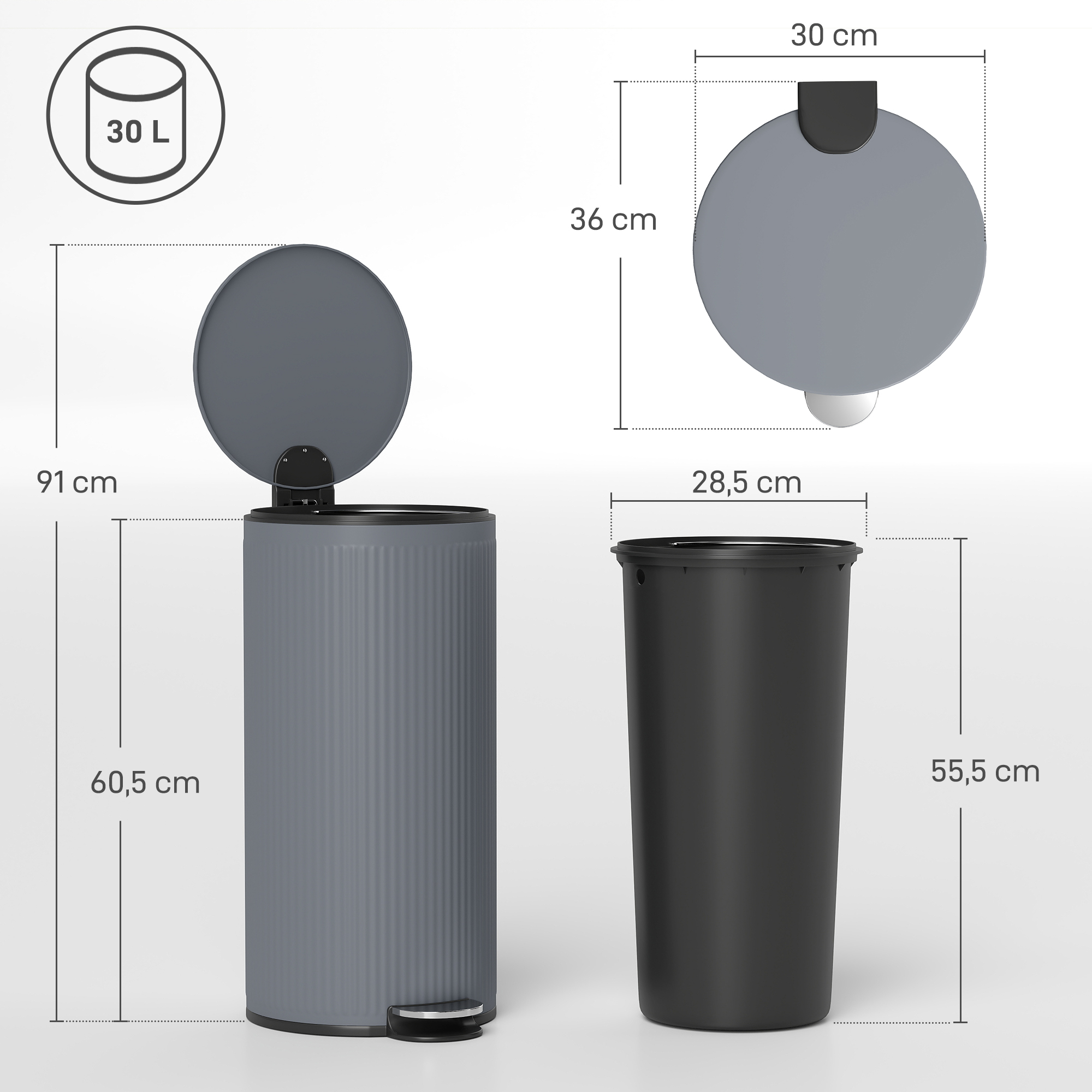 Mülleimer 30L Treteimer mit Softclose-Deckel und Pedal, Inneneimer Metall, Schwarz, 36 x 30 x 60,5 cm