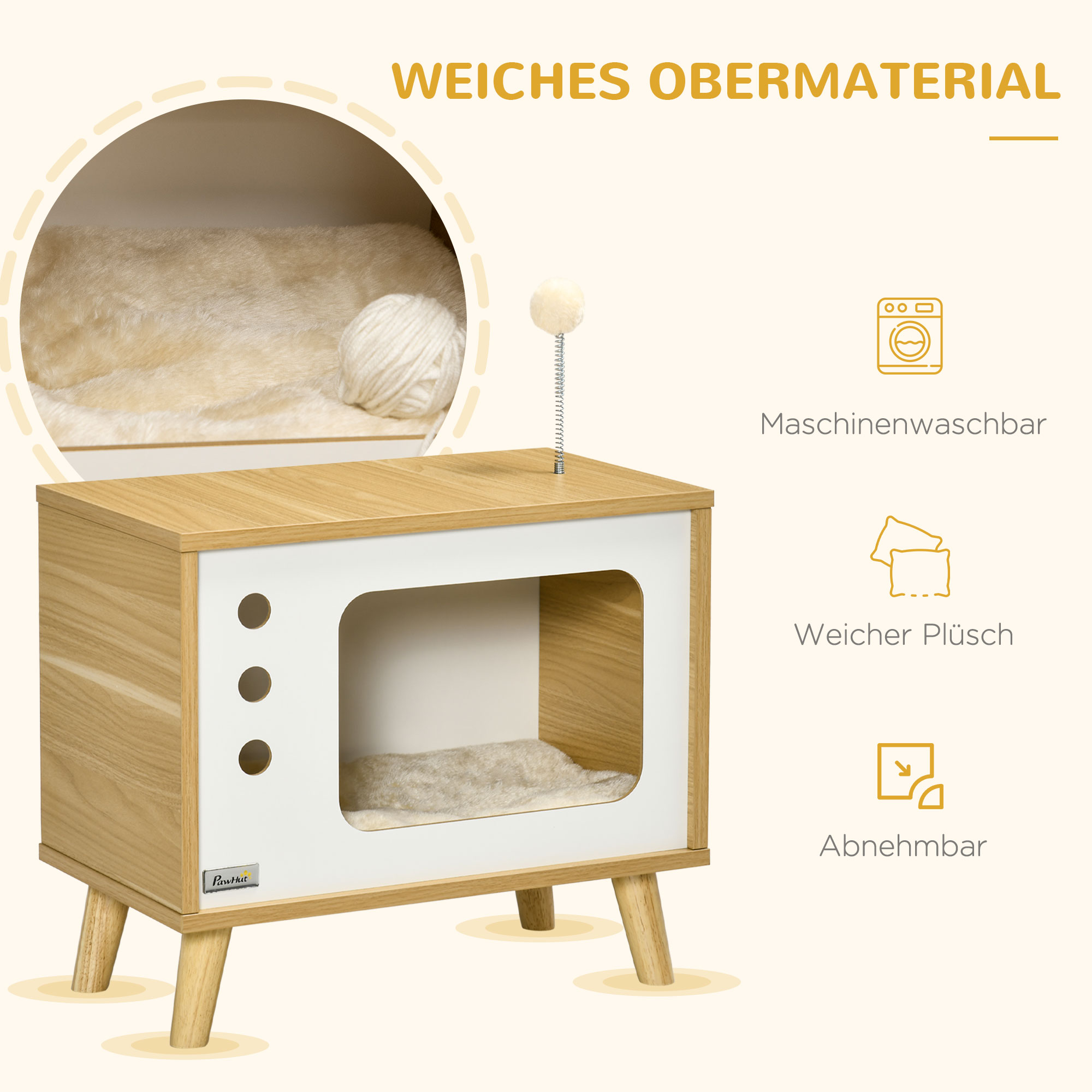 Katzenhöhle imTV-Design inkl, Spielzeug, waschbares Kissen, 50 cm x 28 cm x 43 cm, Eiche + Beige + Weiß