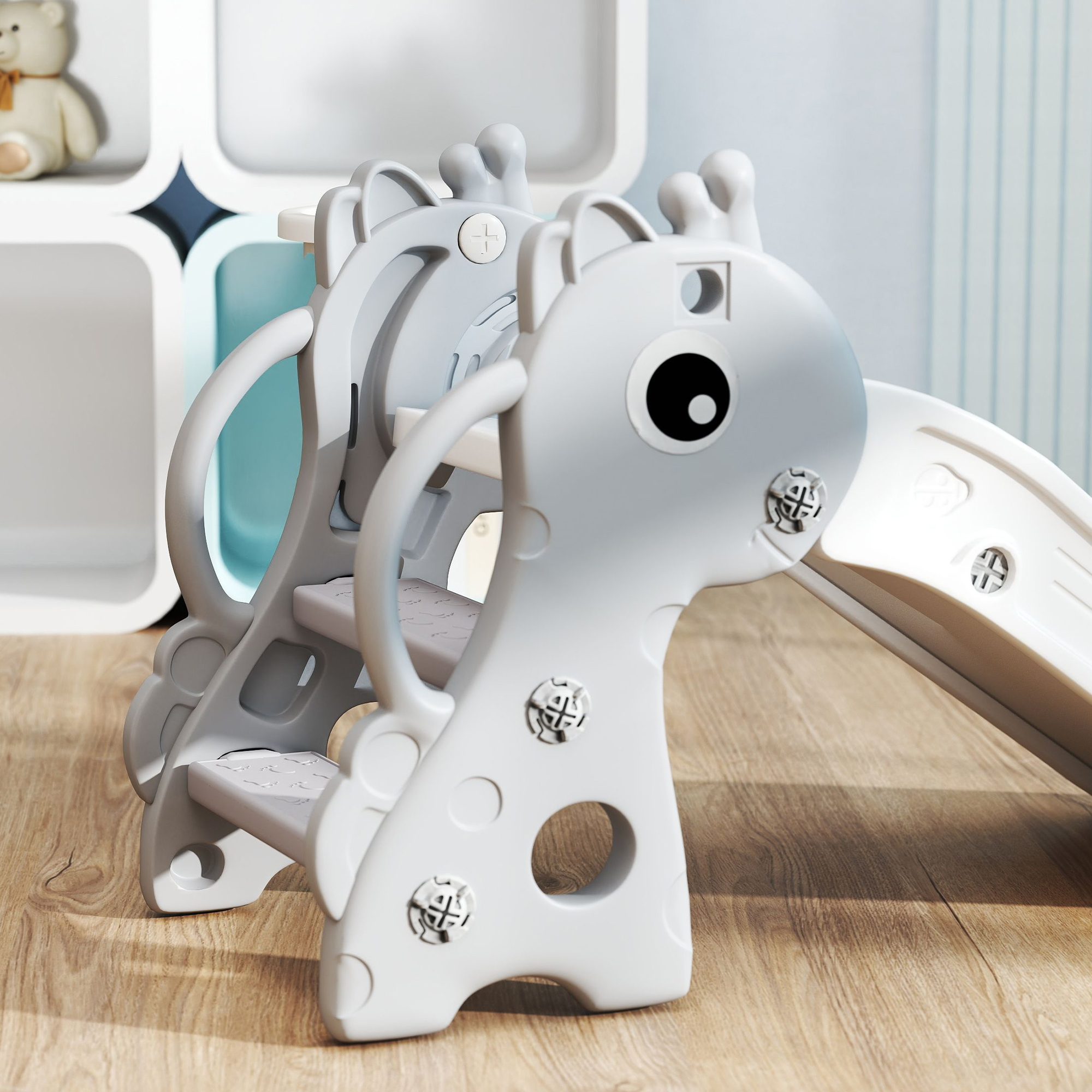 3-in-1 Rutsche für Kinder, Giraffenform, Basketballkorb, Ball, Grau