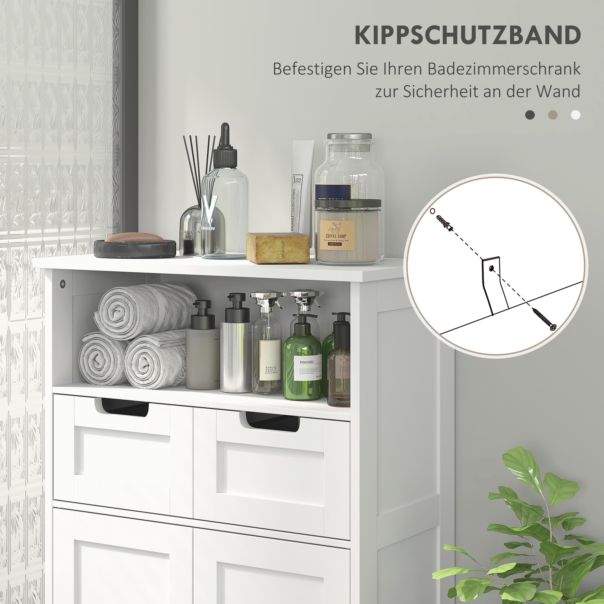 Badezimmerschrank mit 2 Schubladen, Tür, 60 x 30 x 109 cm, Weiß