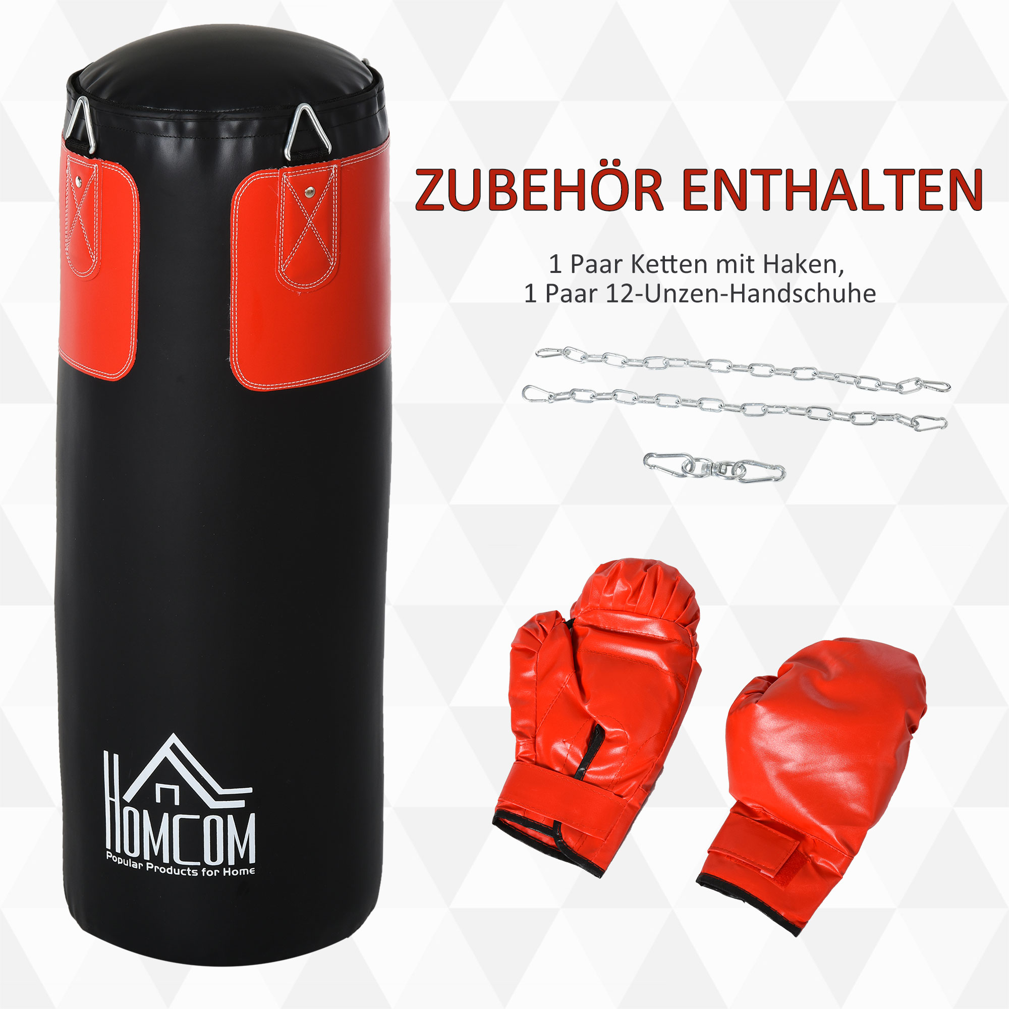 Boxsack-Set Box-Set mit Boxhandschuhen Gefüllt Set für Erwachsene Jugendlichen Hanging Boxing Heavy Bag 16 KG Ø30 x 120 cm Schwarz+Rot
